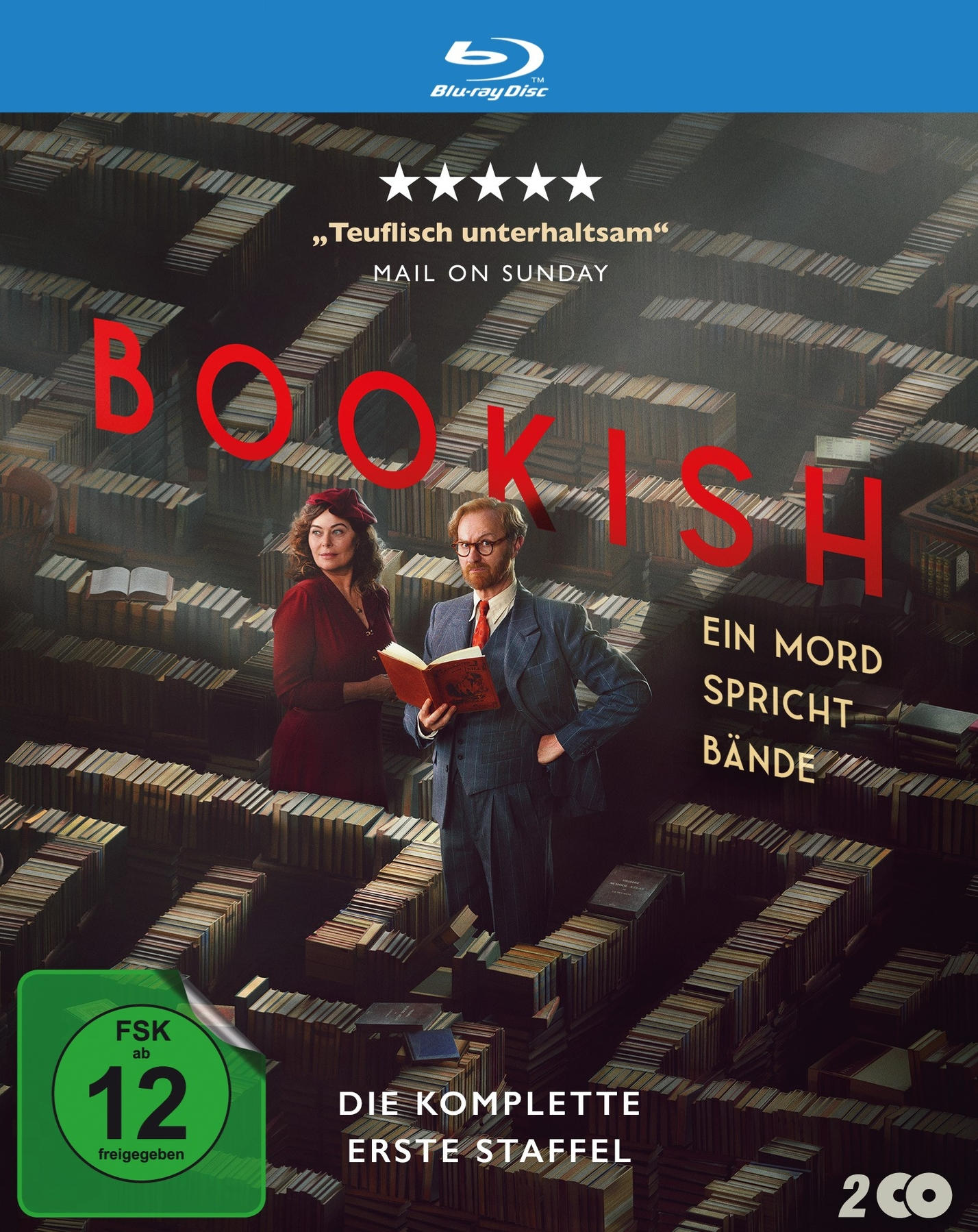 Bookish Blu-ray Cover mit zwei Personen in einem Bücherlabyrinth. FSK 12.
