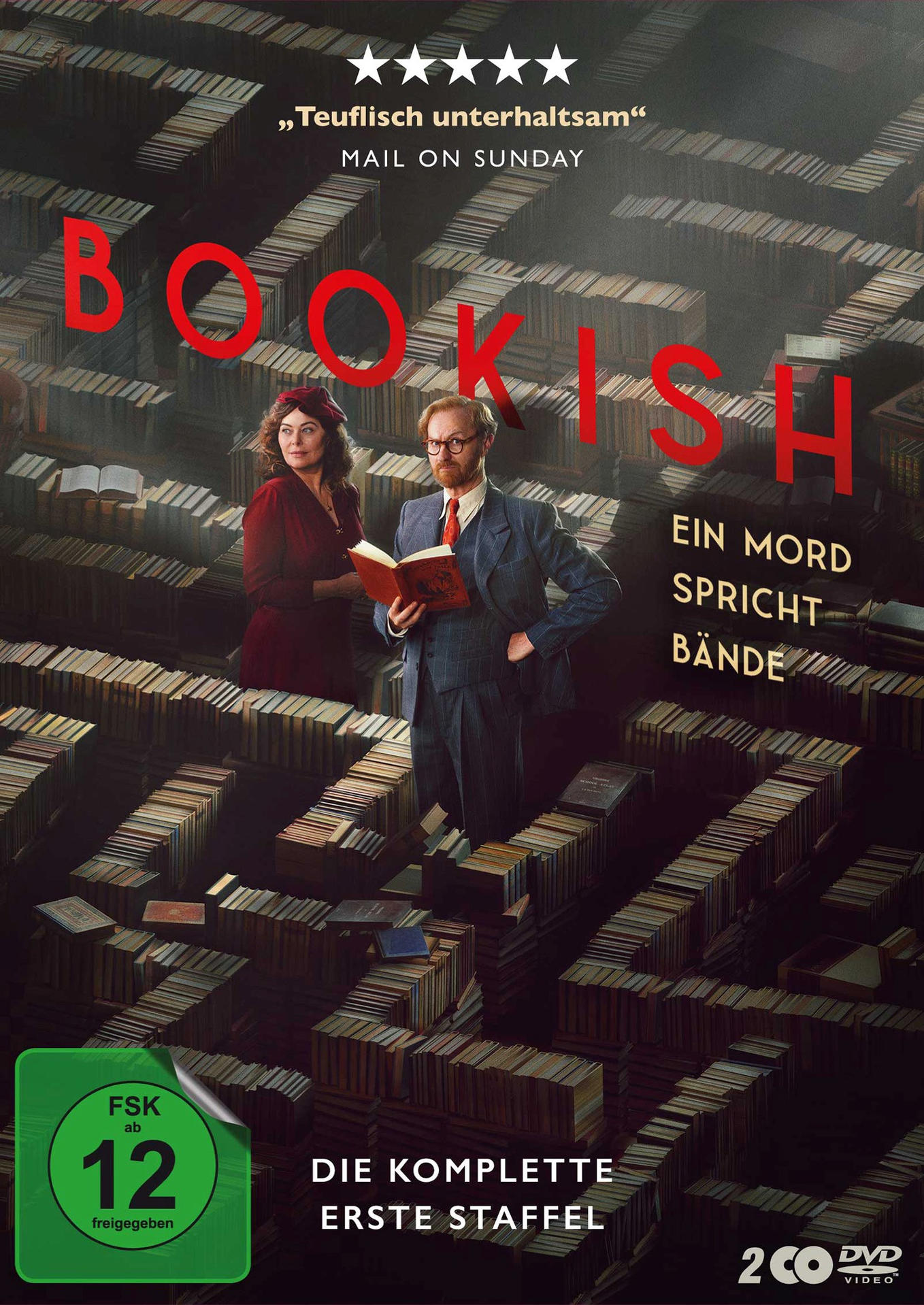 Ein Mann und eine Frau stehen inmitten eines Bücherregal-Labyrinths. Text: „Bookish“.
