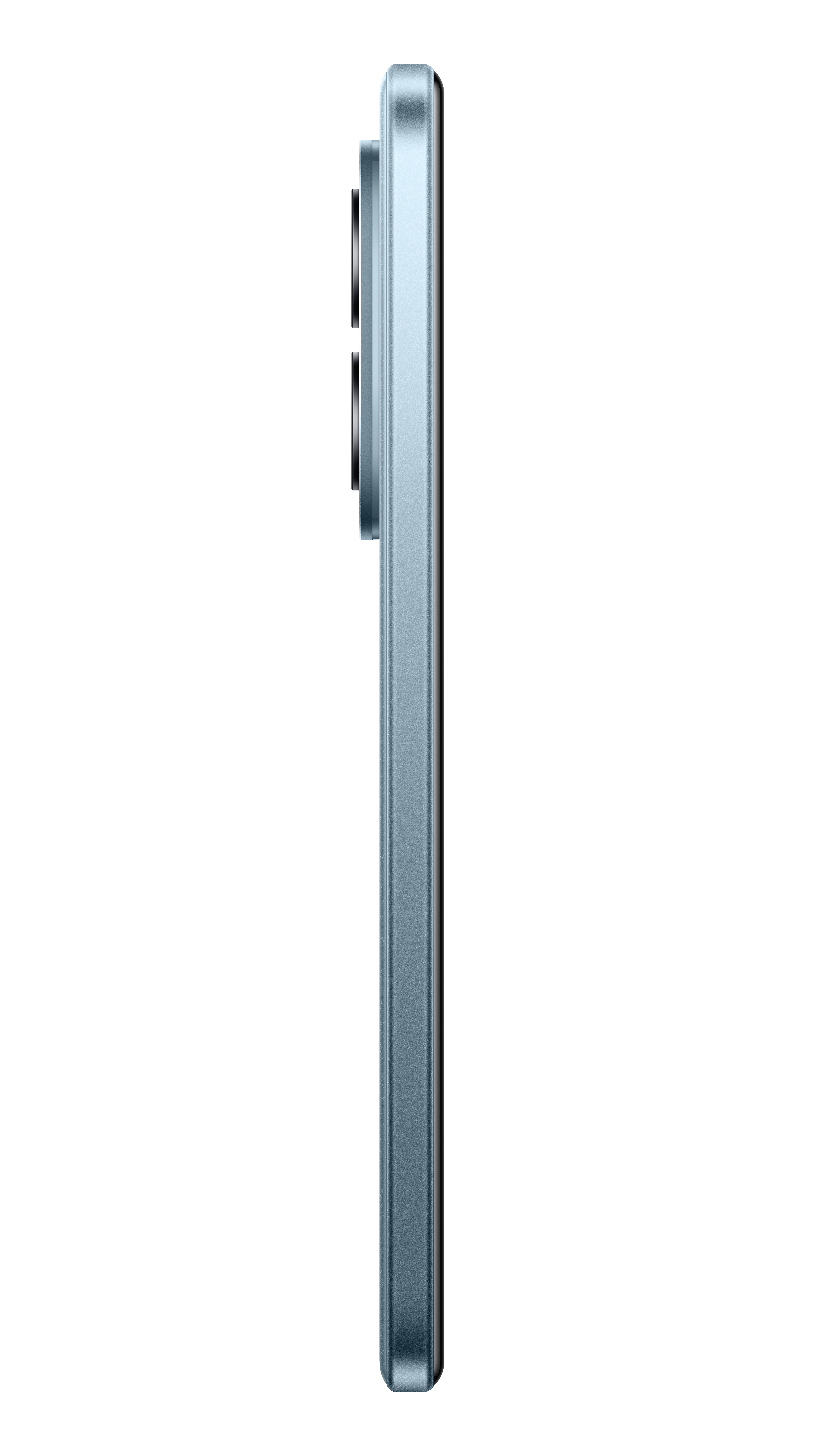 Siyah arka plan üzerinde yandan görünen açık mavi bir akıllı telefon. İki kamera lensi görünüyor.
