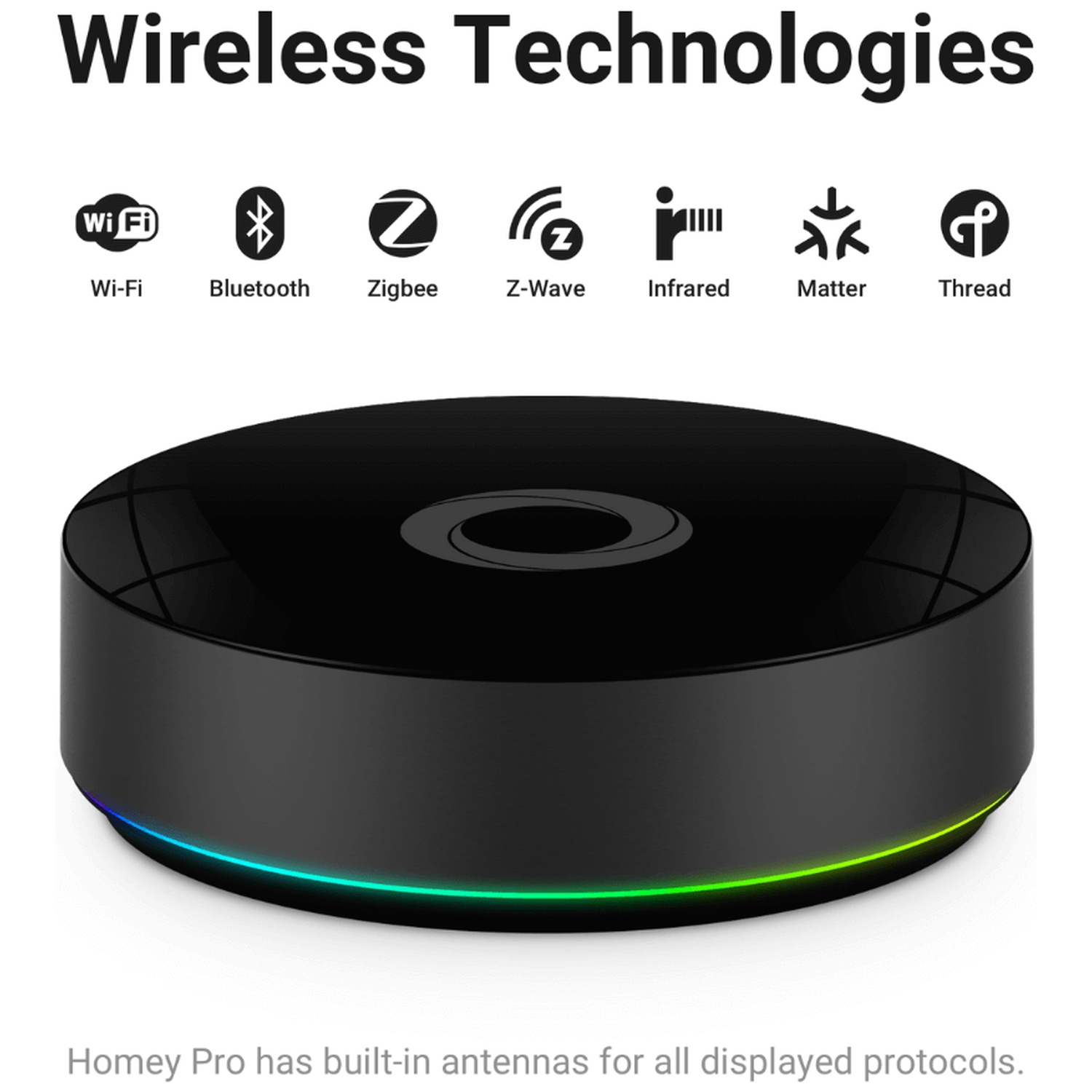 A black Homey Pro device with Wi-Fi, Bluetooth, Zigbee, Z-Wave, Infrared, Matter, Thread logos above.