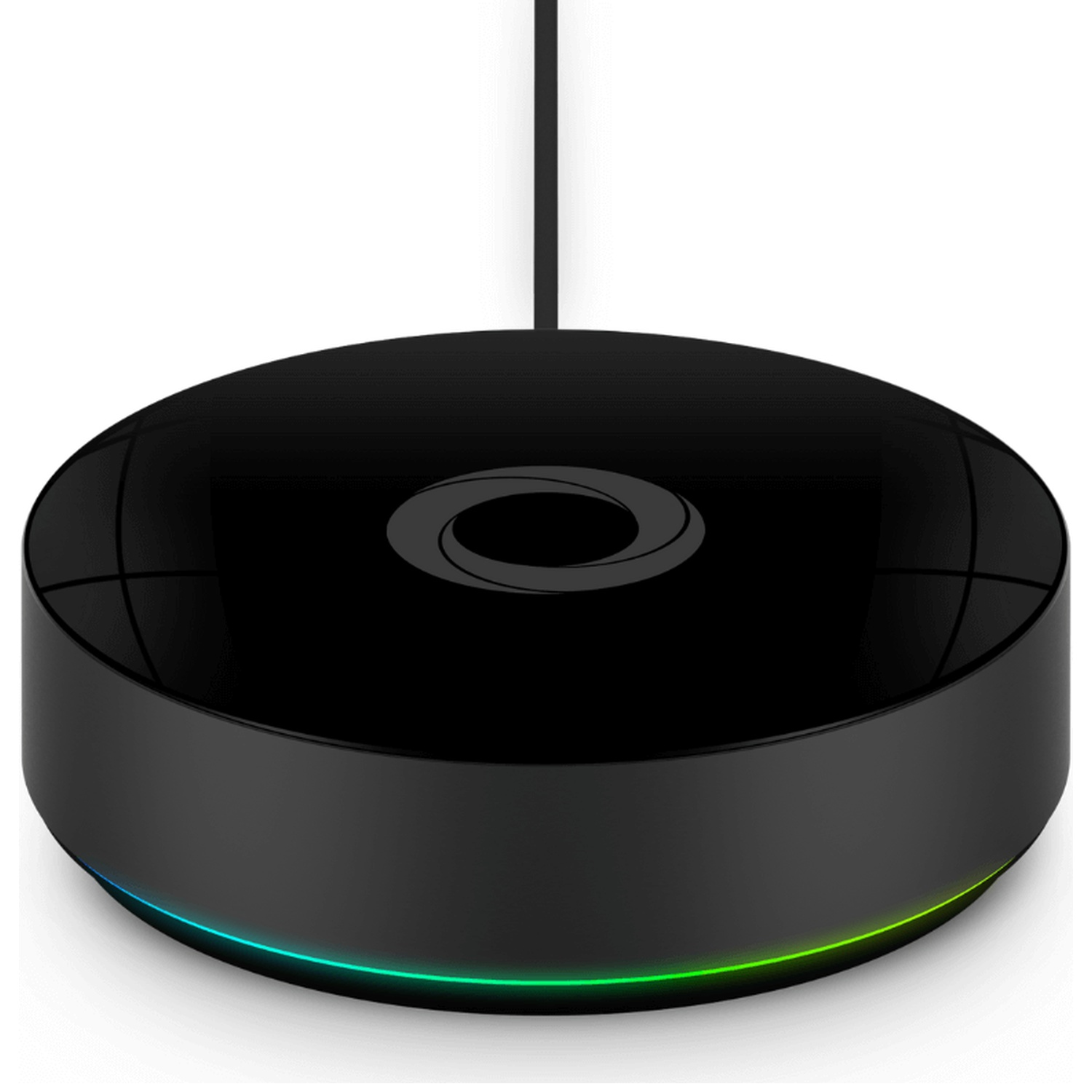 A black, circular smart home hub with a glowing green and blue light ring at its base.
