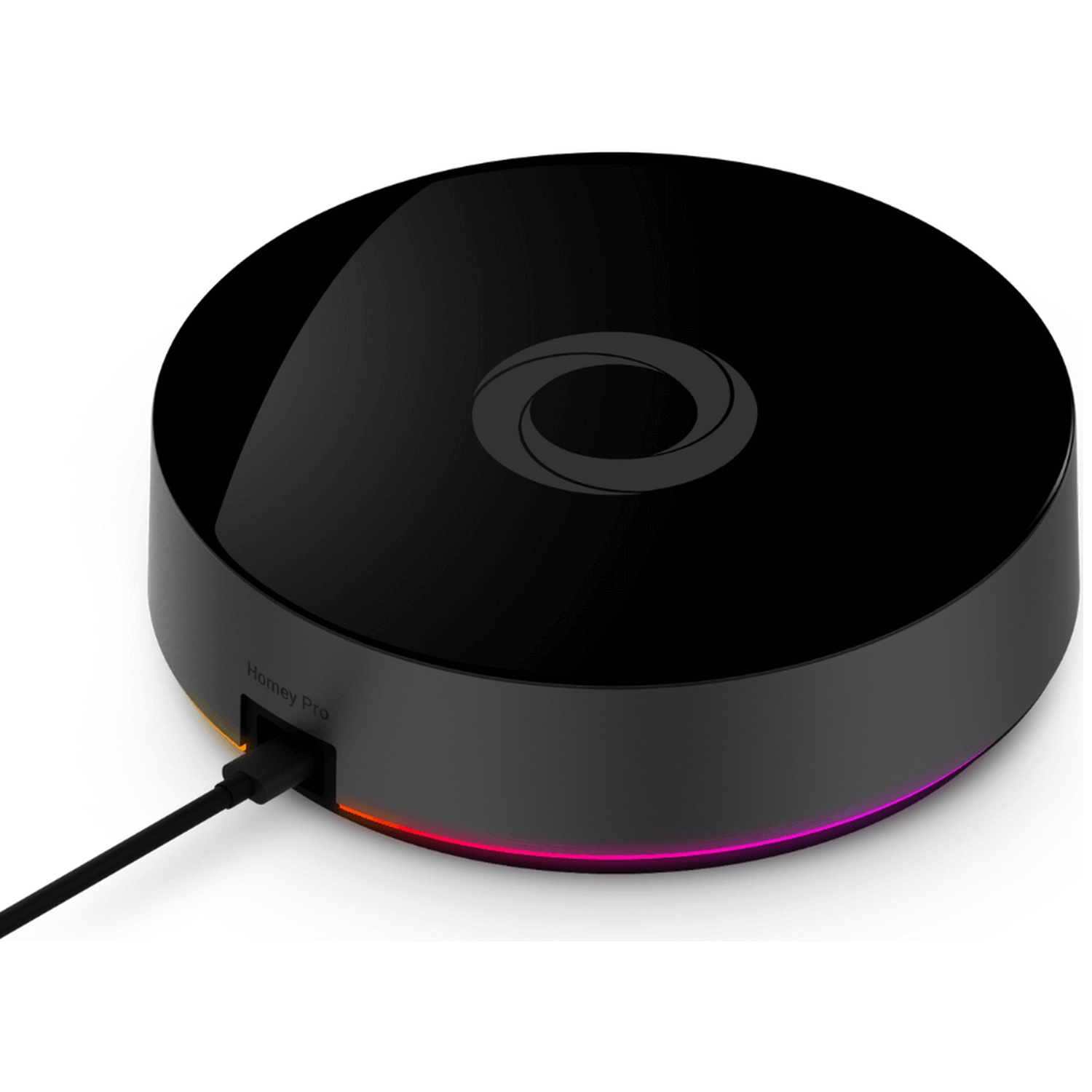 Black Homey Pro device with USB-C plugged in, glowing pink and orange light.