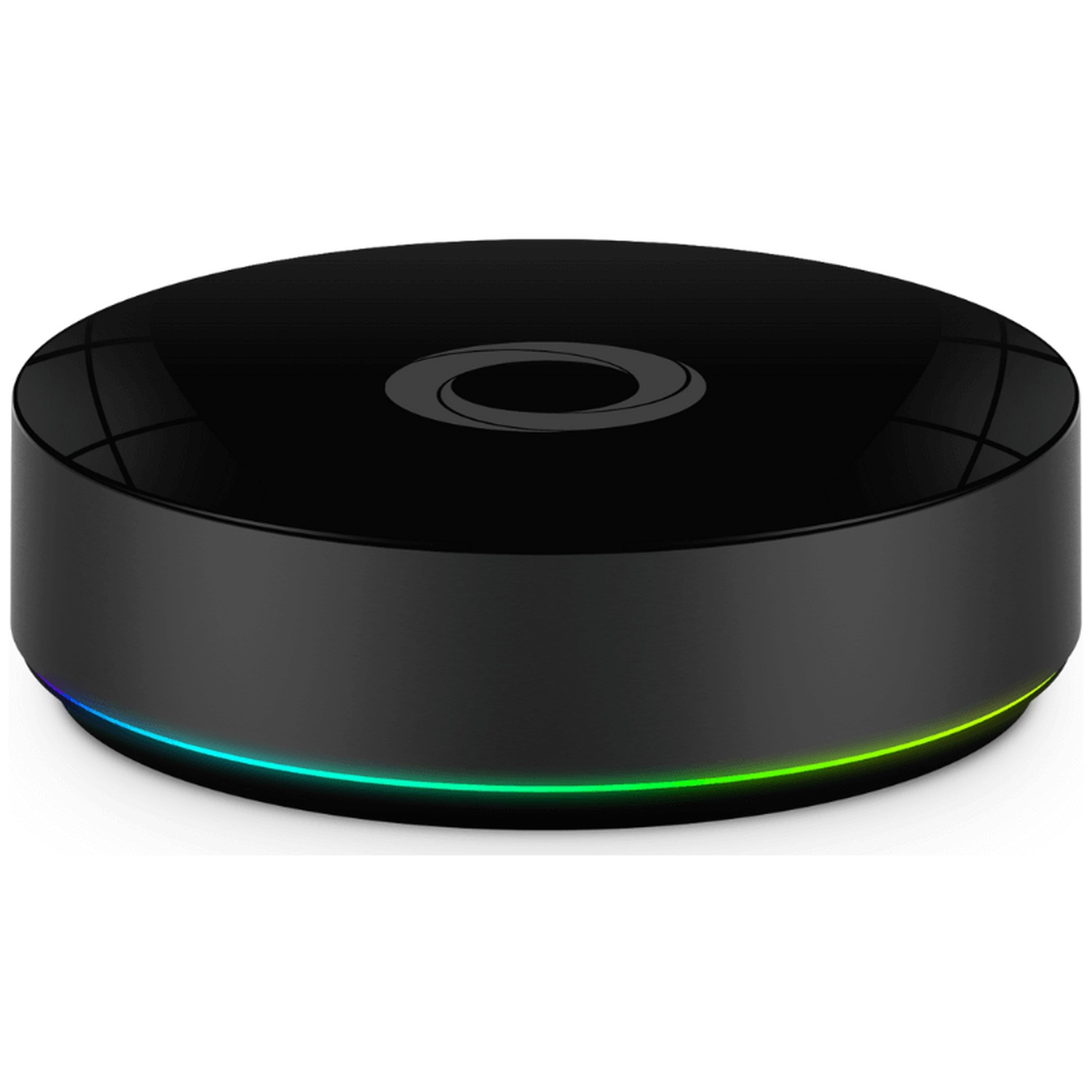 A black, round speaker with a logo and a colorful light strip at the bottom.
