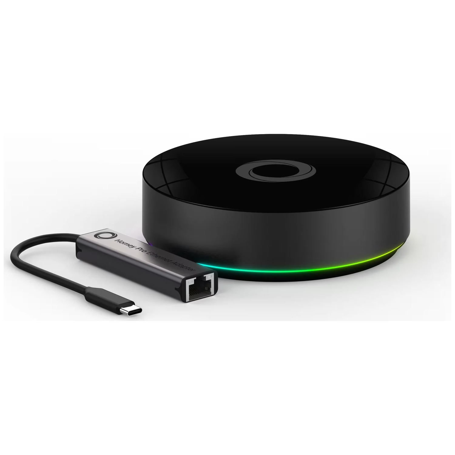 Black smart home hub with green/blue light ring and USB-C Ethernet adapter.