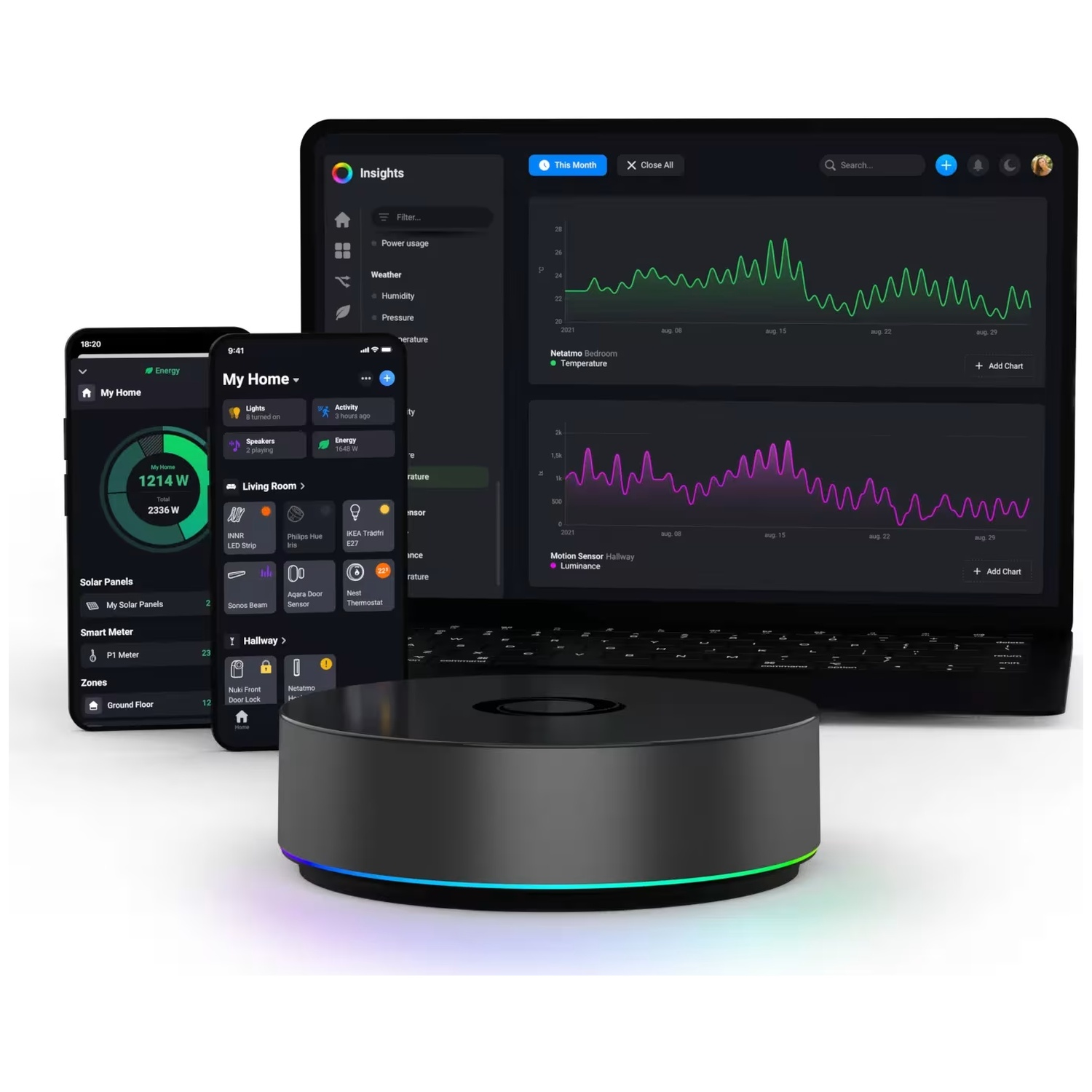Smart home devices and app interfaces displayed on phones, tablet, and laptop.