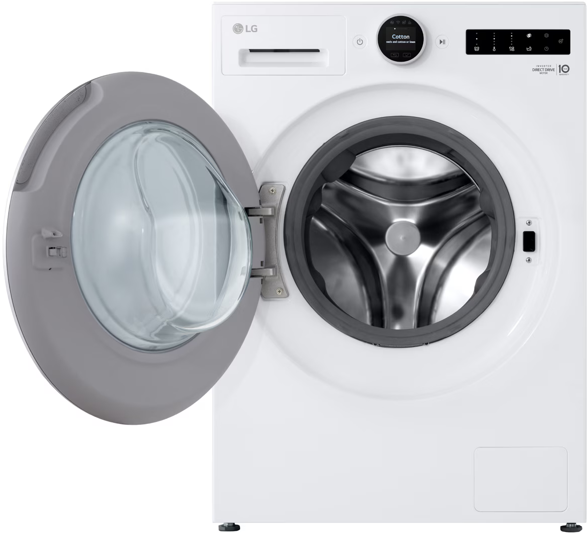 Vorderansicht einer weißen LG Waschmaschine mit geöffneter Tür, die die Trommel zeigt.