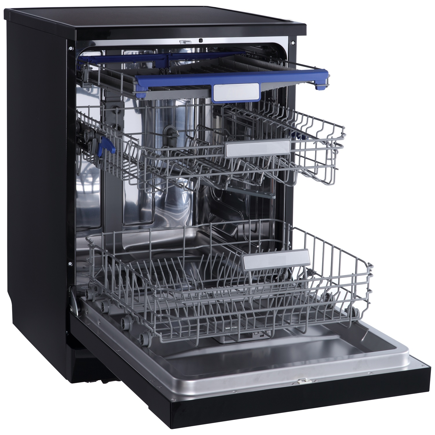 A black dishwasher with its door open and two racks inside.