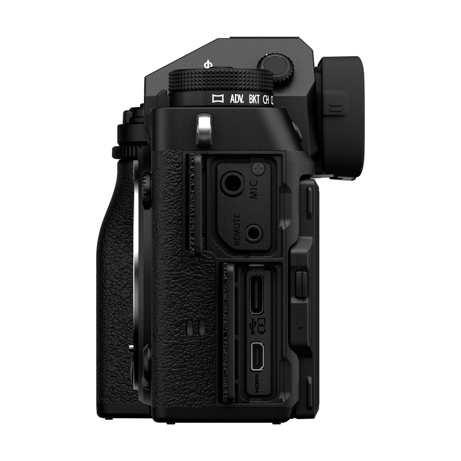 Fotocamera digitale nera di profilo che mostra porte come HDMI e USB.