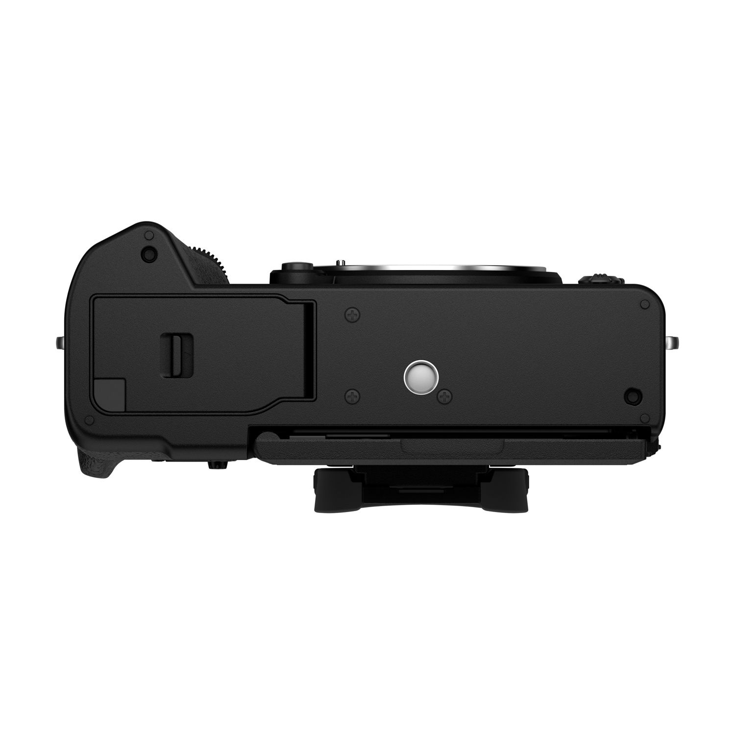 Vista dall'alto di una fotocamera digitale nera con attacco obiettivo e controlli.