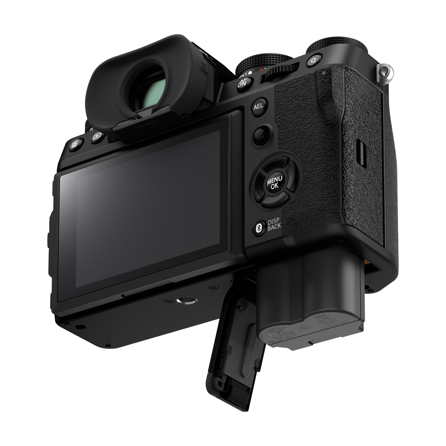 Fotocamera digitale nera con vano batteria aperto e schermo inclinato.