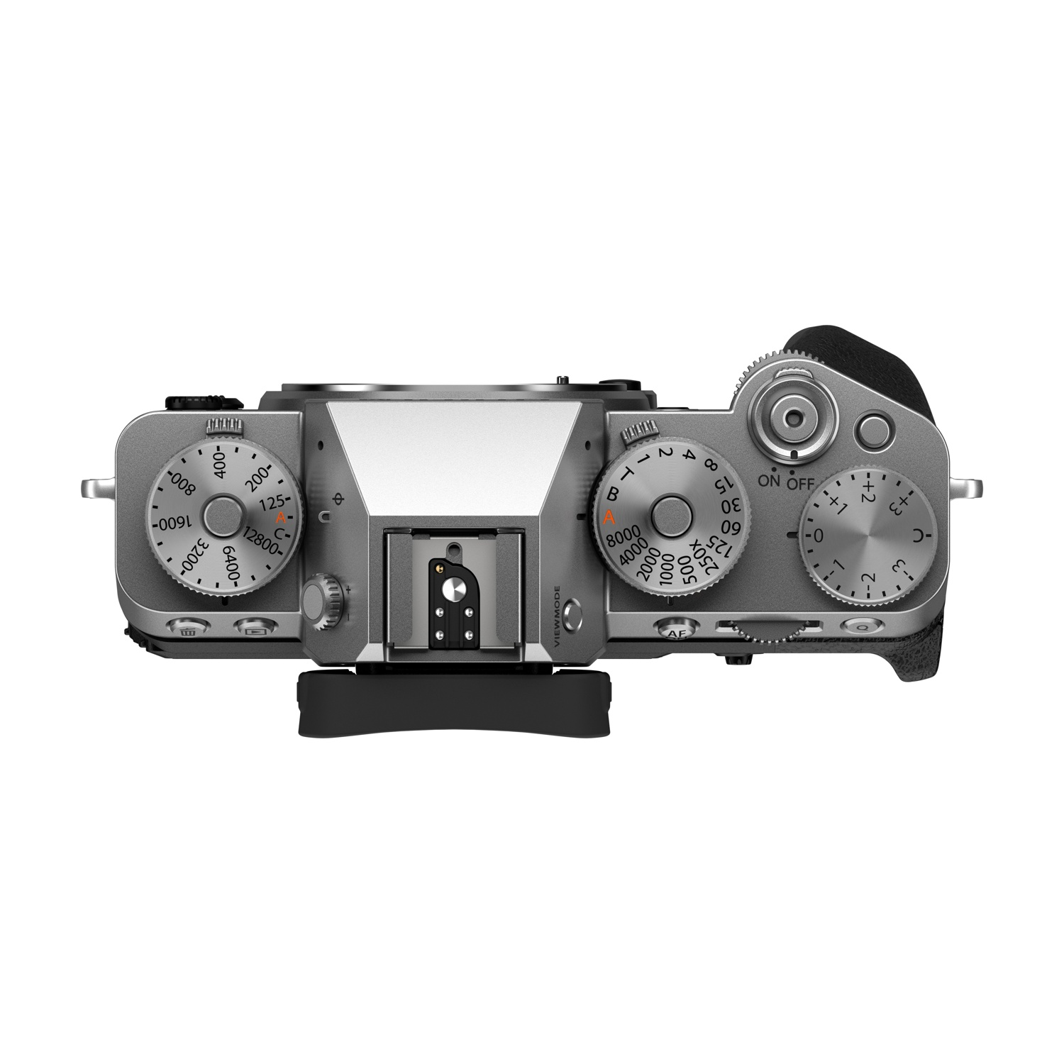 Fotocamera argentata con ghiere per ISO, tempi di posa e compensazione dell'esposizione.