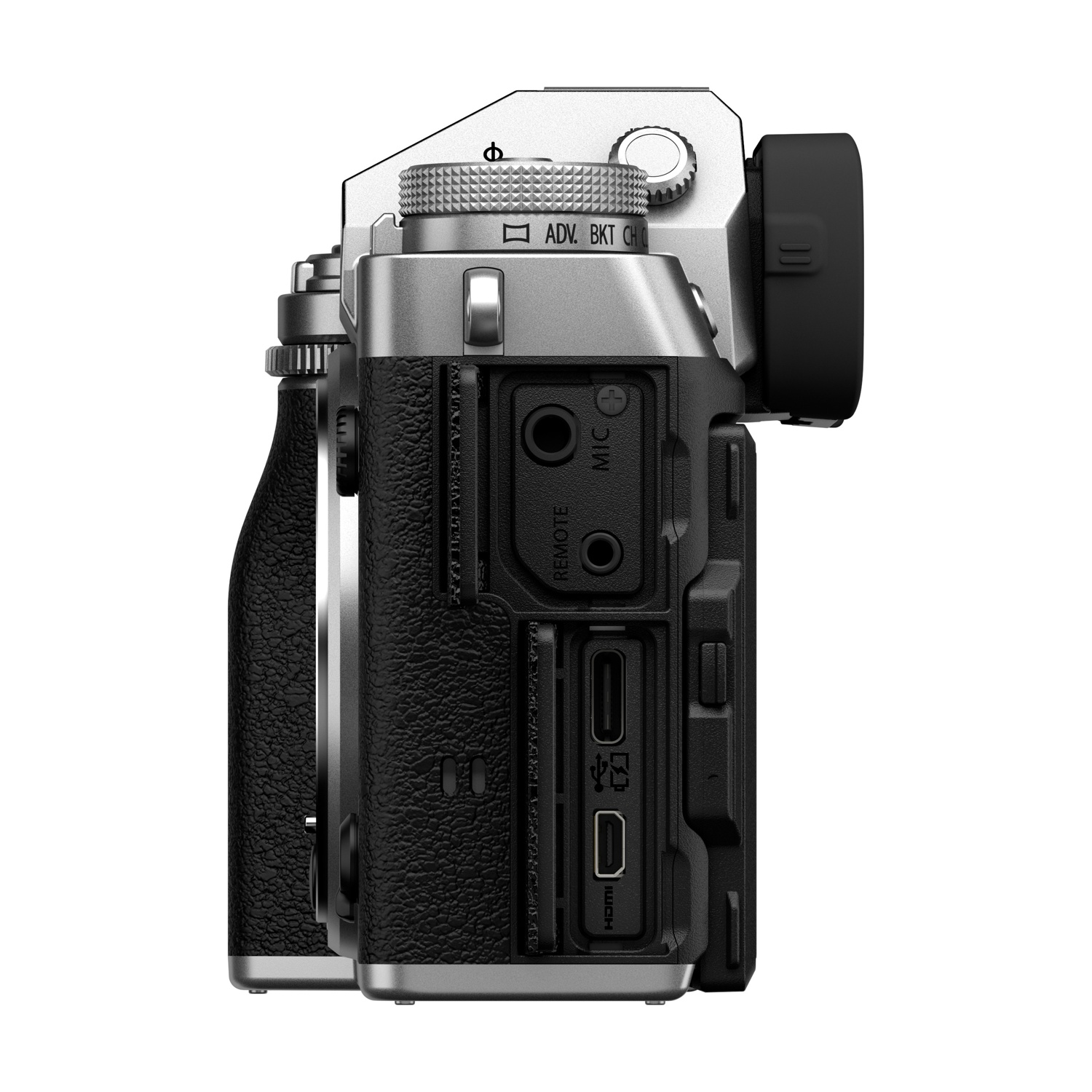Vista laterale di una fotocamera digitale argentata con impugnatura testurizzata e porte per microfono, telecomando, USB e HDMI.
