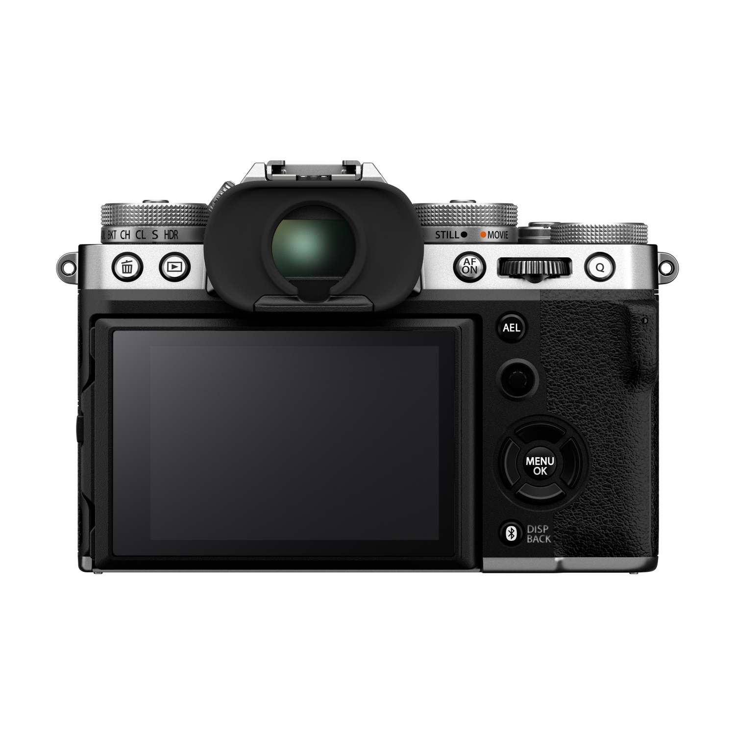 Retro di una fotocamera digitale nera e argento con schermo grande e pulsanti.