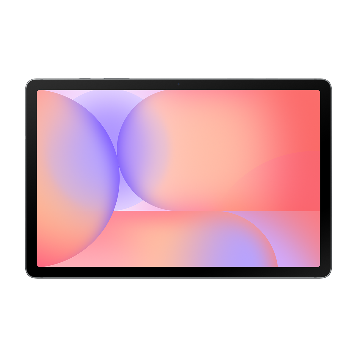 Bir tablet, beyaz arka plan üzerinde mor, pembe ve turuncu tonlarında soyut daireler gösteriyor.