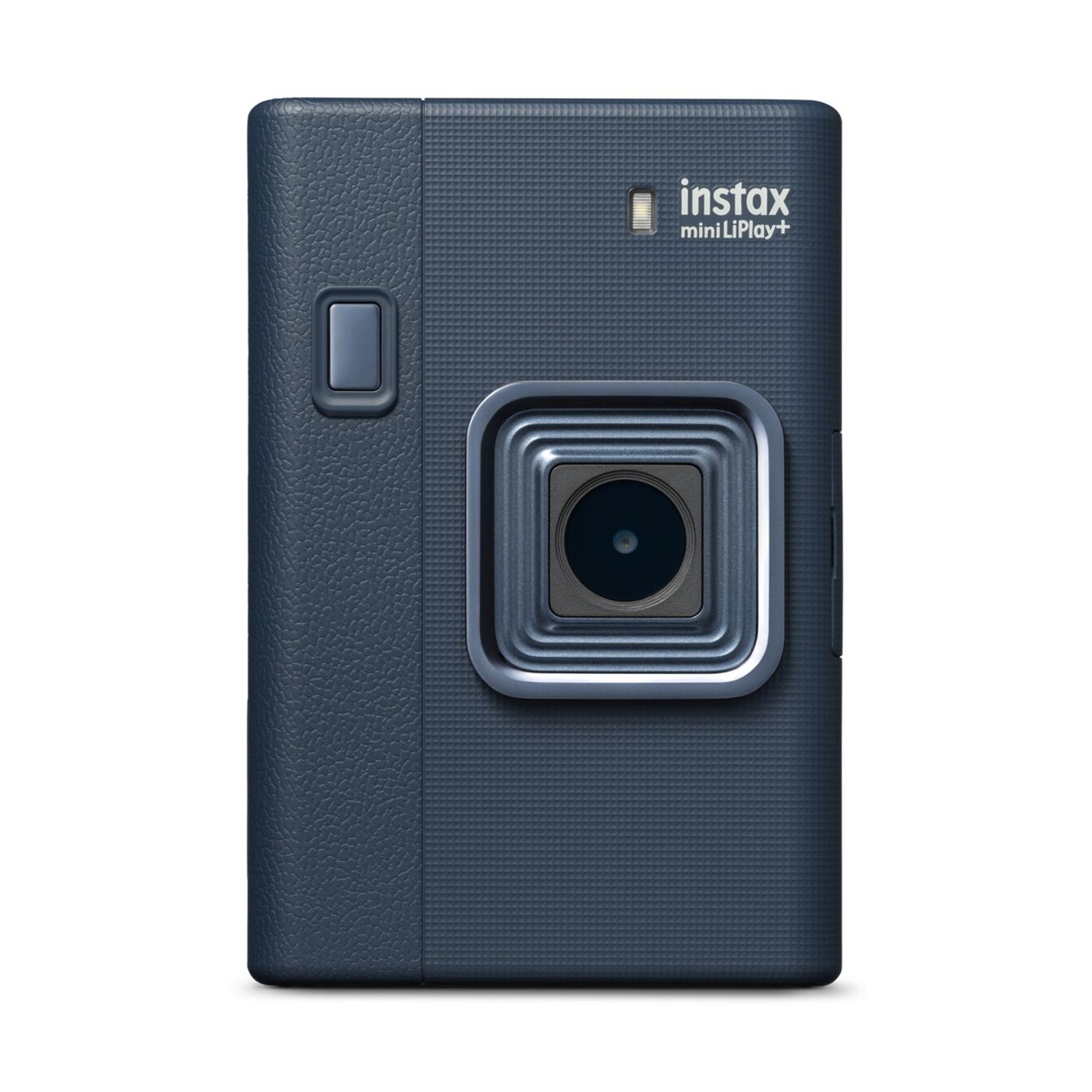 Una fotocamera Instax Mini LiPlay+ blu scuro con obiettivo e pulsante.