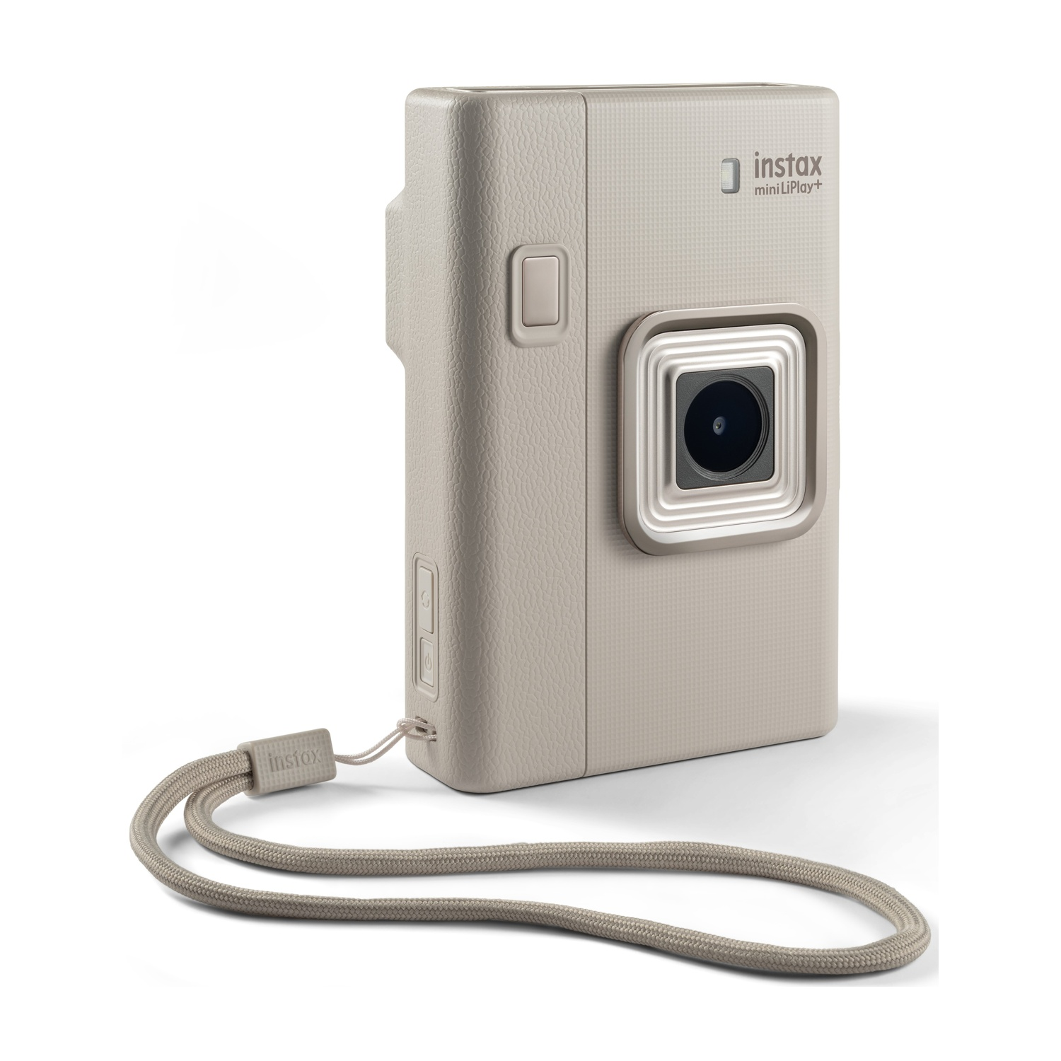 Una fotocamera Instax Mini LiPlay+ beige con cinturino da polso su sfondo bianco.