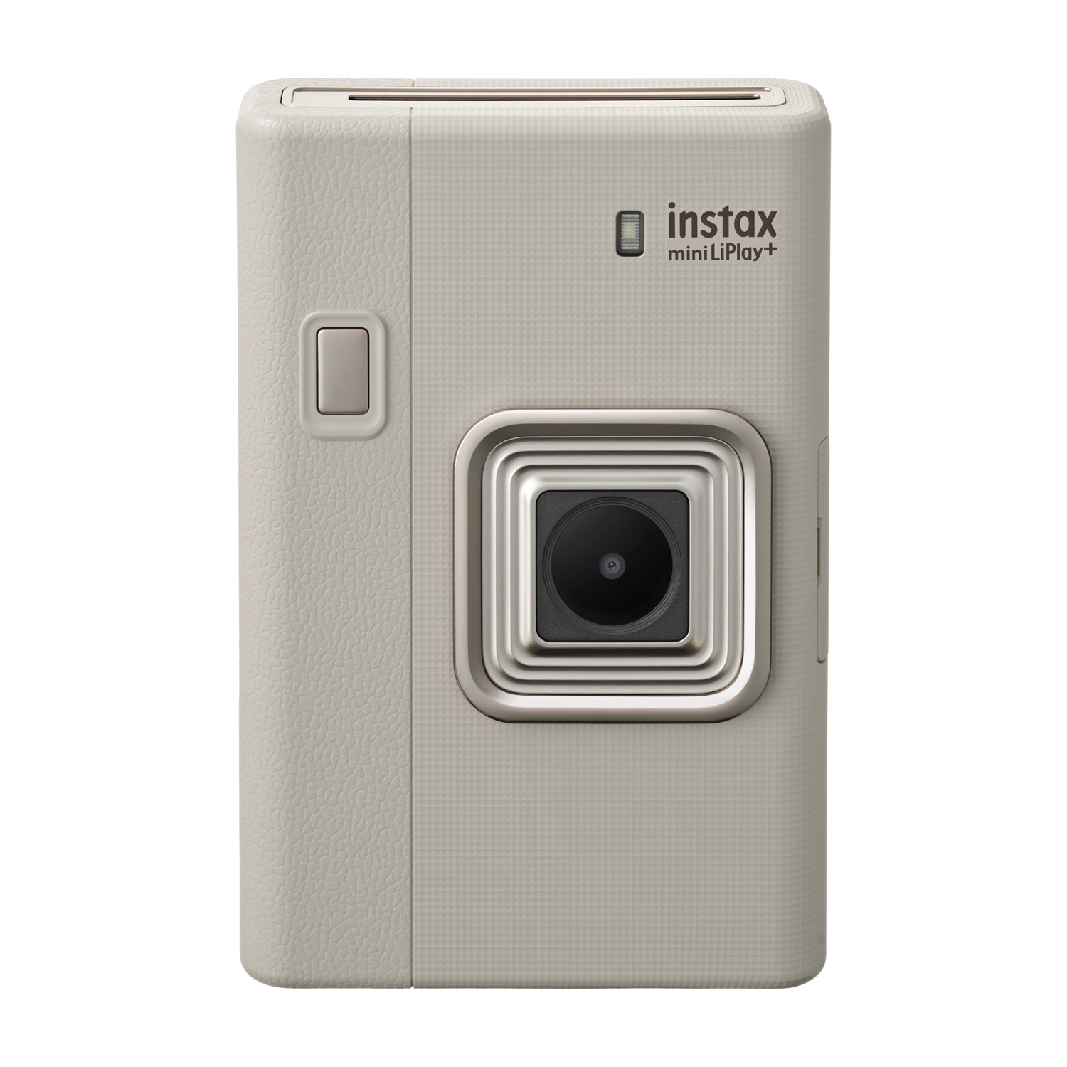 Una fotocamera istantanea Instax mini LiPlay+ beige con cornice argentata dell'obiettivo.