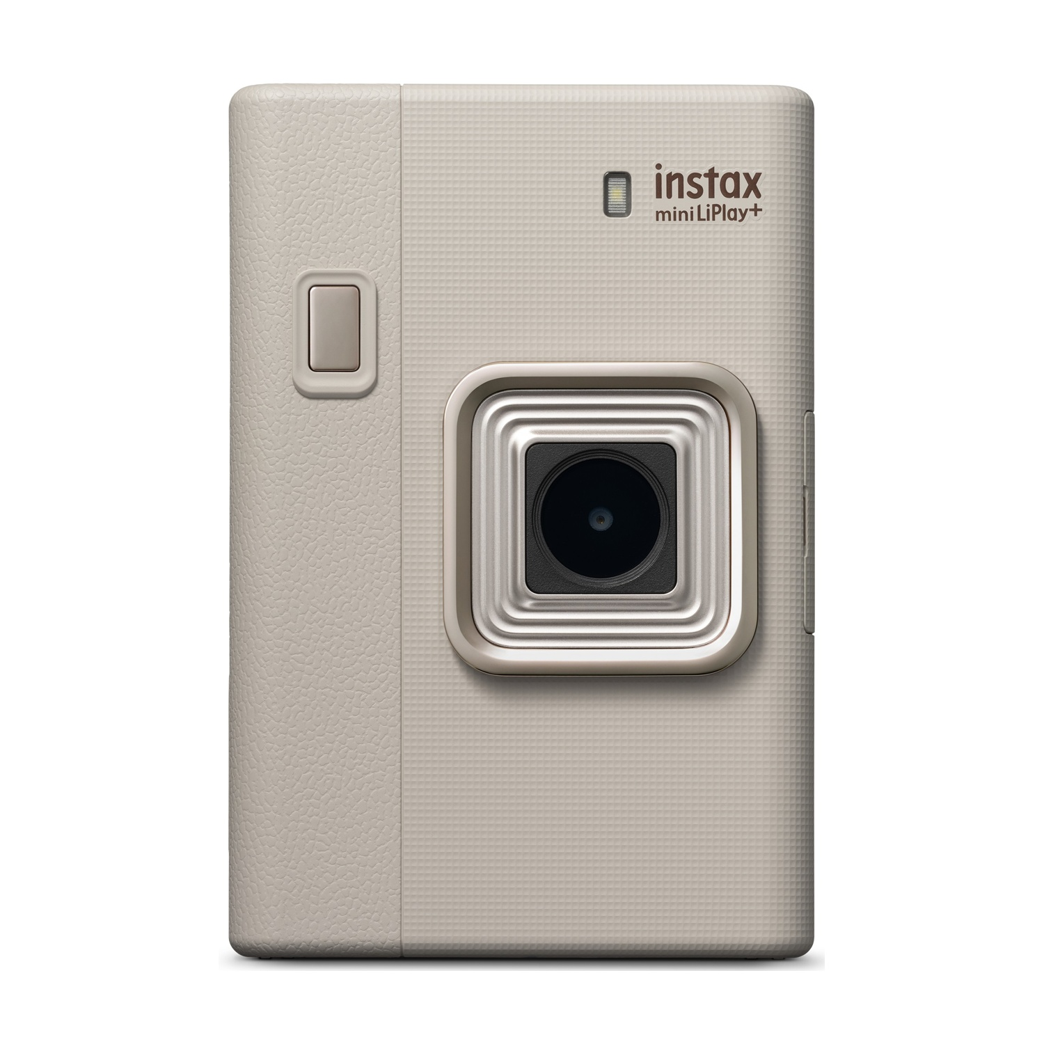 Una fotocamera Instax Mini LiPlay+ beige con finitura testurizzata e cornice lente argento.