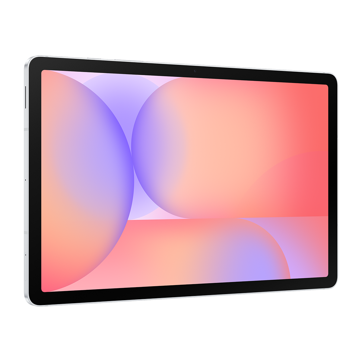 Gümüş renkli tablet, mor ve mercan soyut daireler arka planıyla.
