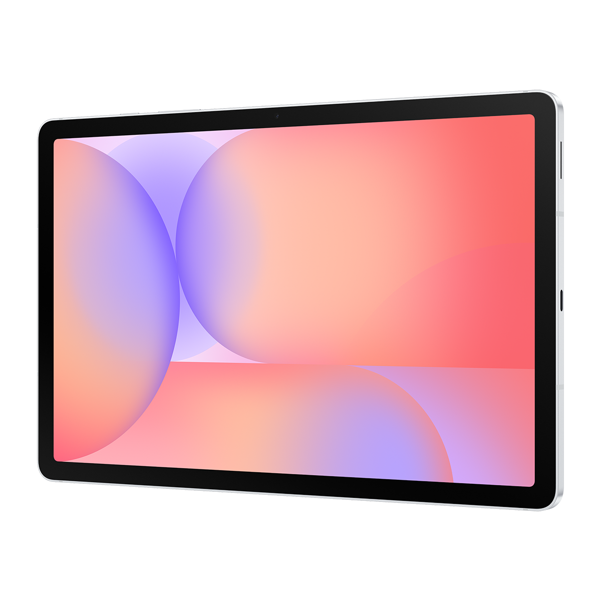 Siyah çerçeveli gümüş tablet, yumuşak dairelerden oluşan canlı soyut bir duvar kağıdı gösteriyor.