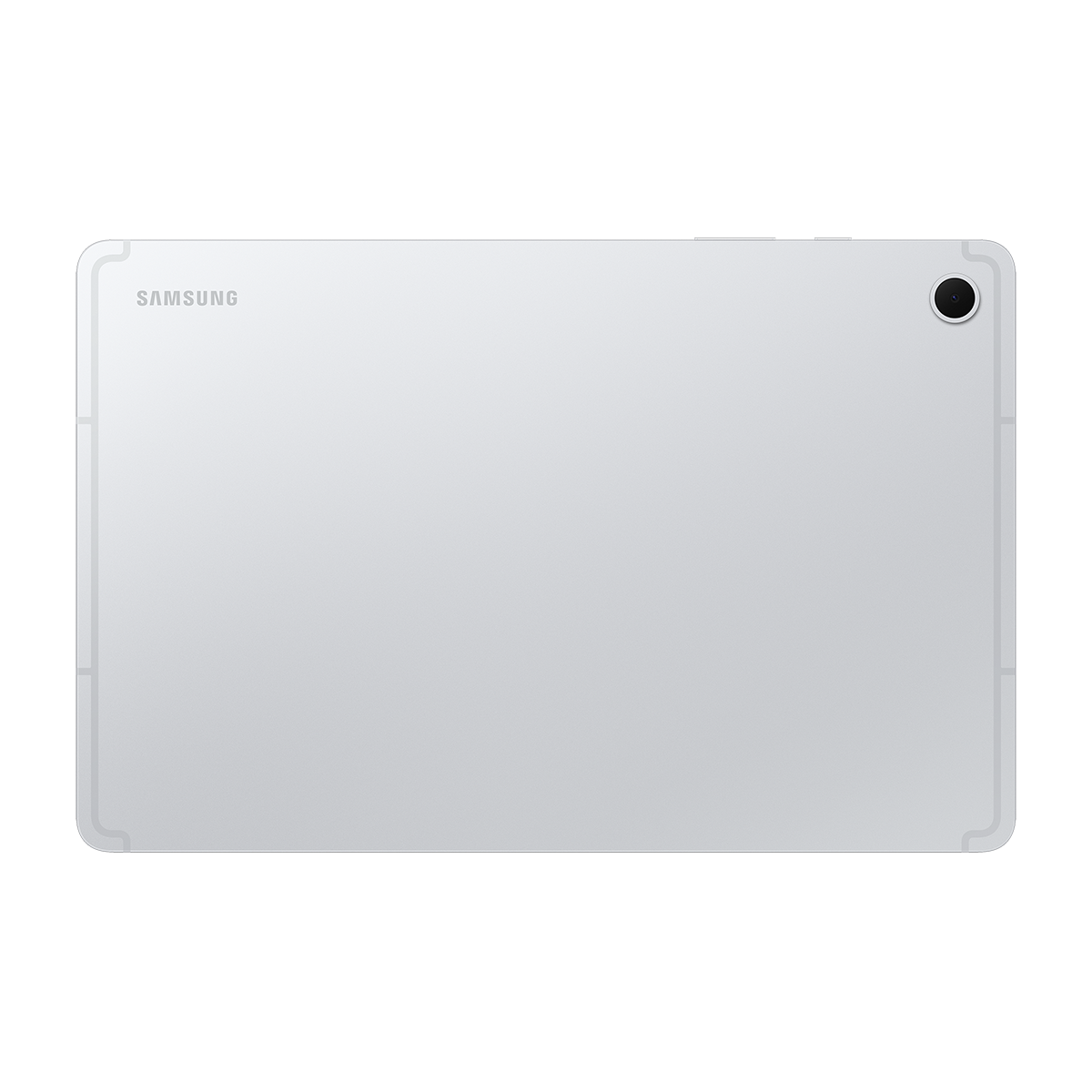 Gümüş renkli Samsung tabletin arka yüzü, arka kamera ve logo.