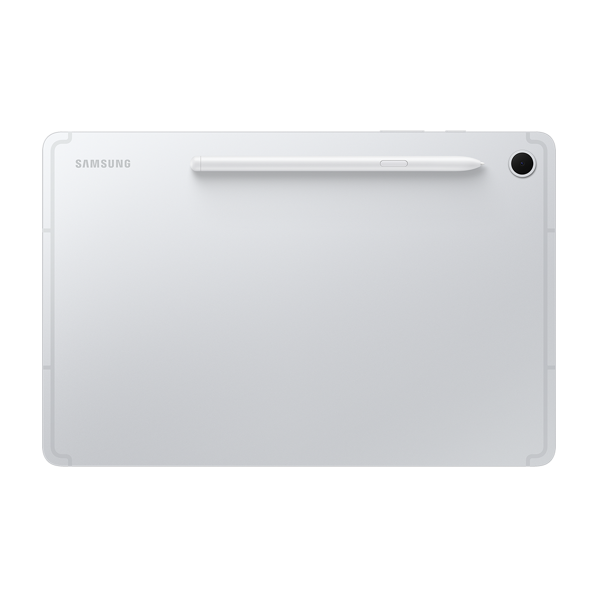 Arkada kalem ve arka kamerası olan beyaz Samsung tablet.