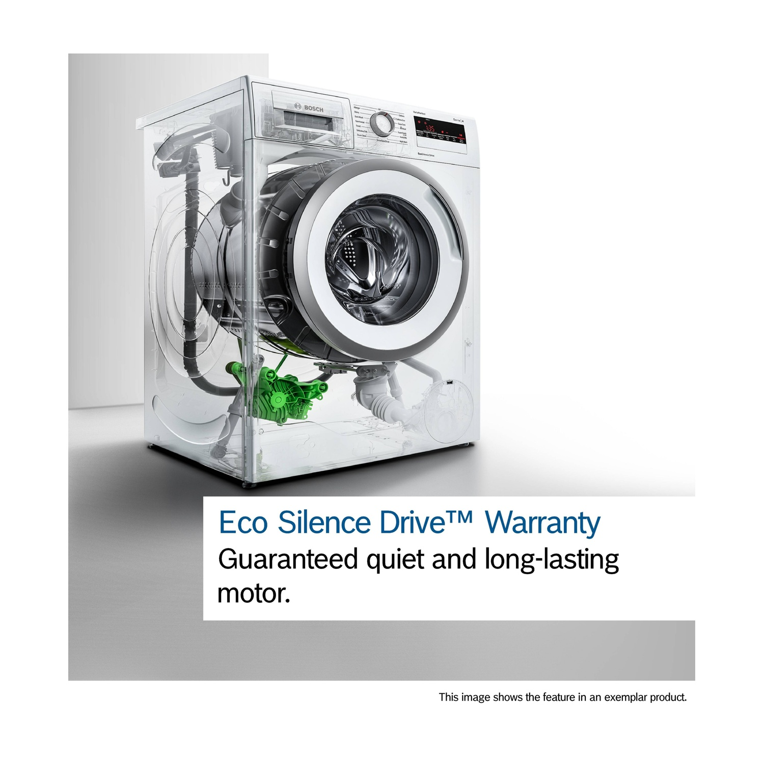 Lavatrice Bosch trasparente che mostra il motore Eco Silence Drive.