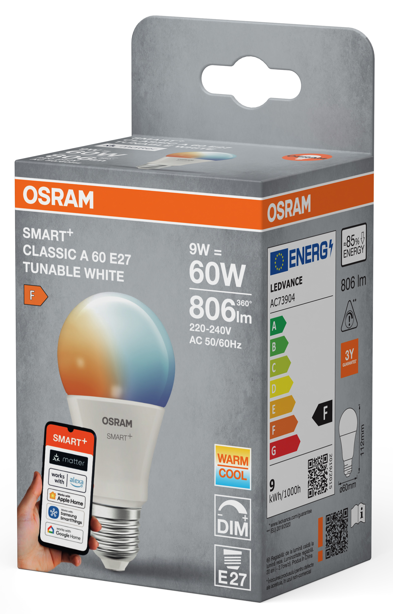 Osram Smart+ LED izzó szürke csomagoláson, energiaosztály-jelzéssel és okosotthon ikonokkal.