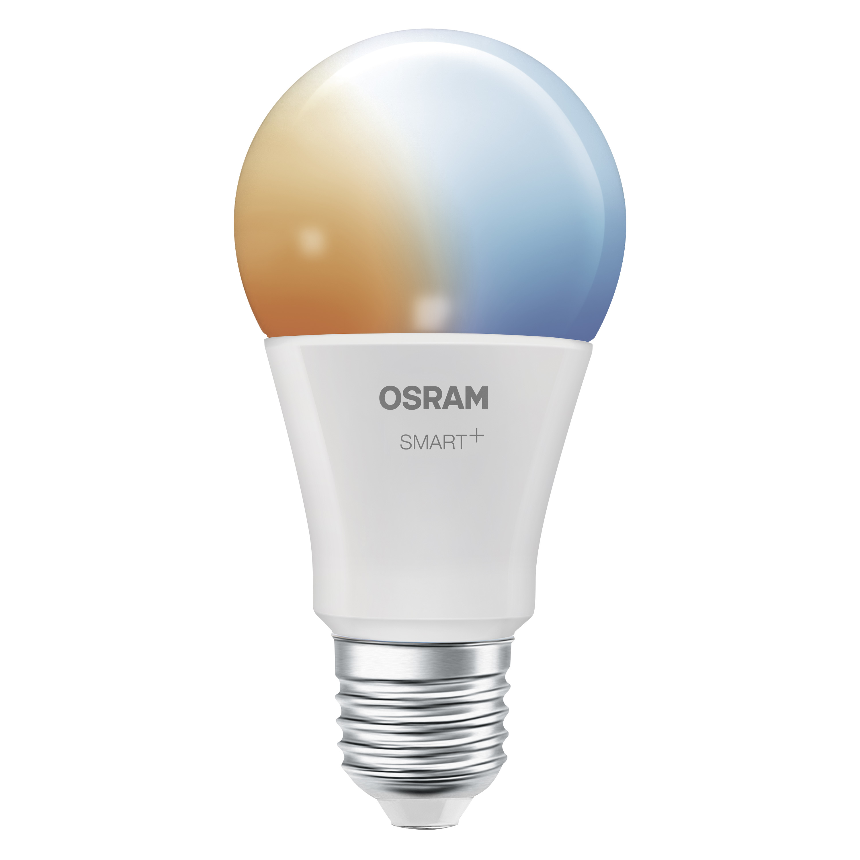 Egy fehér Osram Smart+ izzó, narancssárga és kék osztott fényeffektussal.