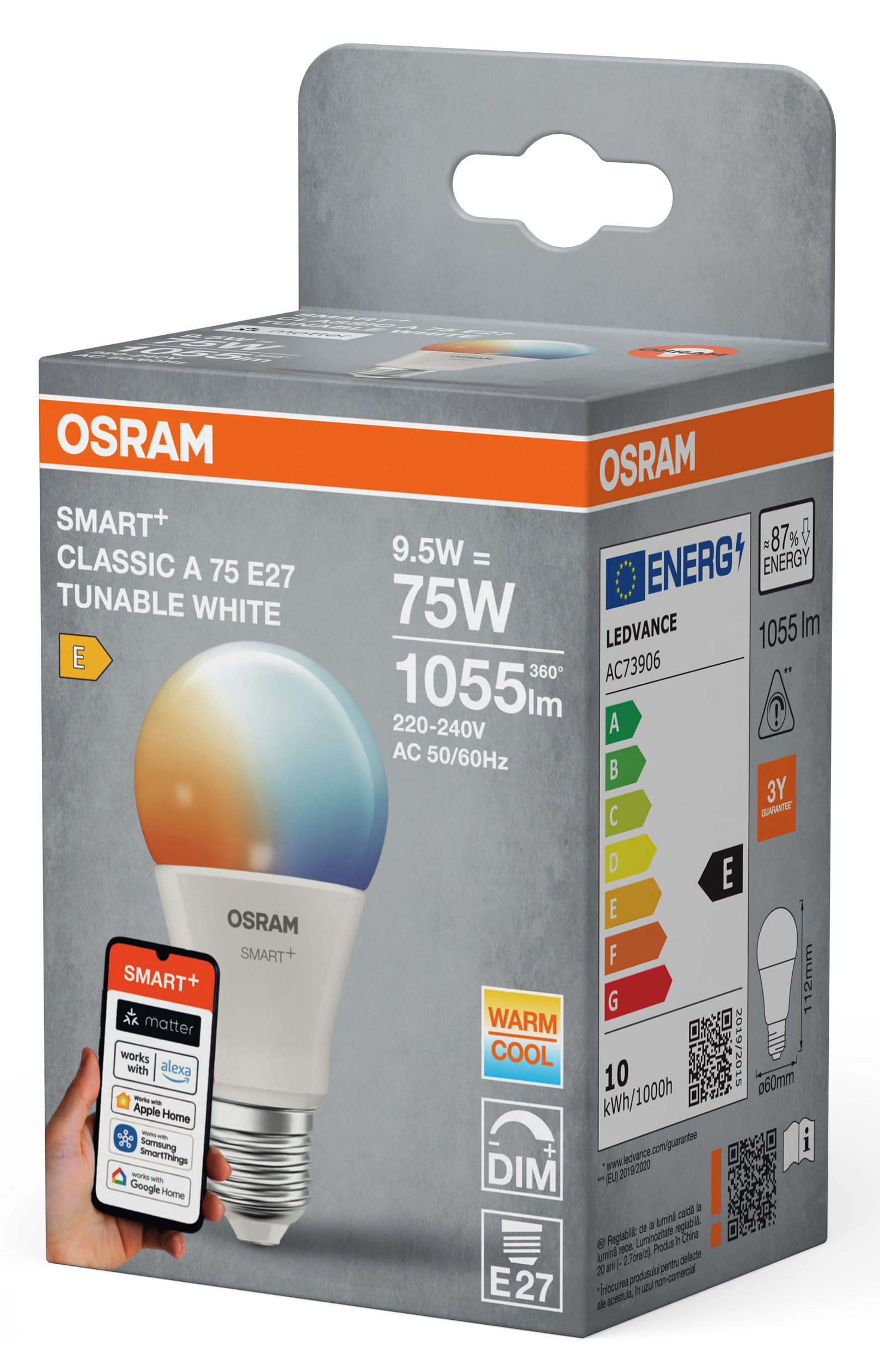 Osram Smart+ izzó csomagolásban, E energiaosztály, szabályozható.