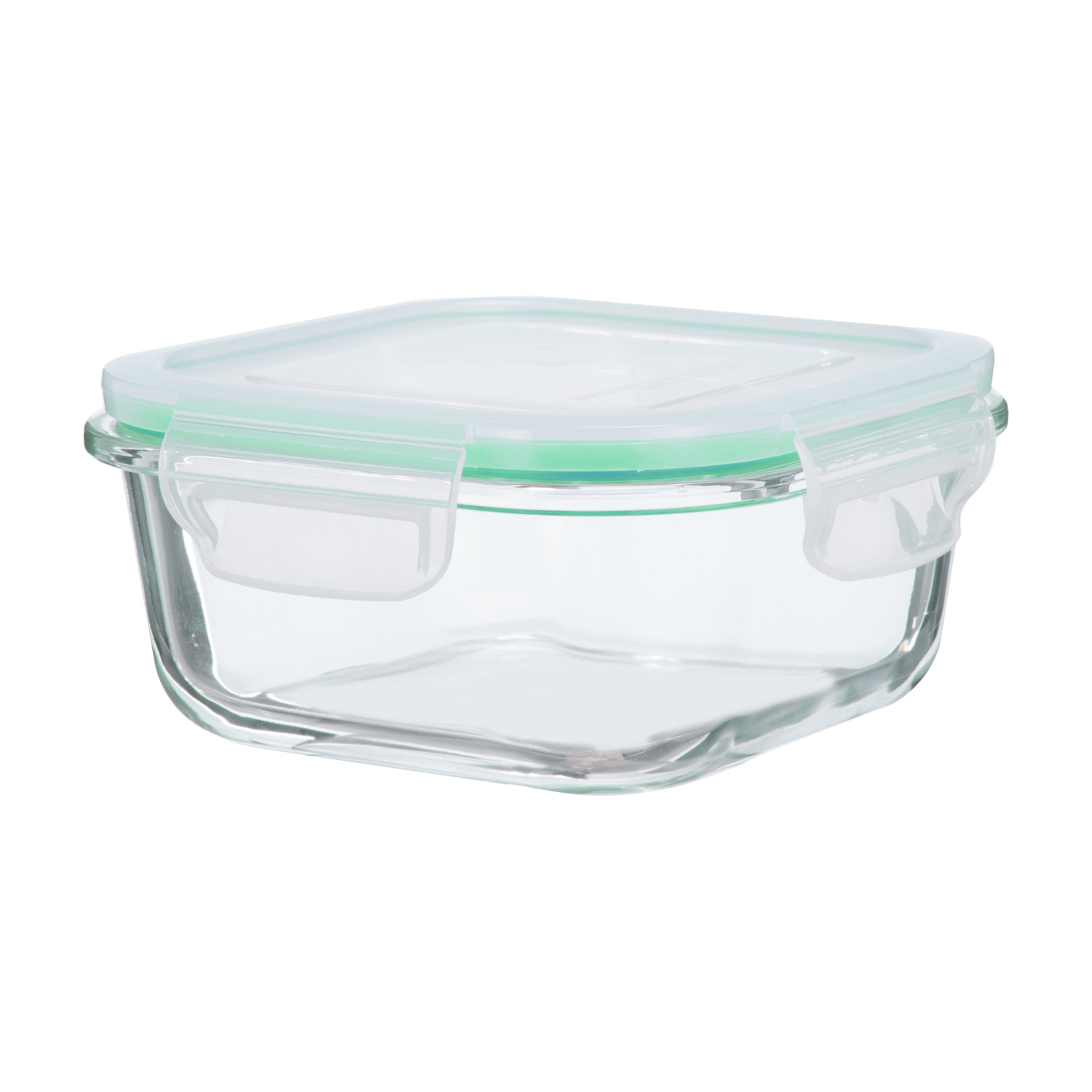 Un contenitore quadrato in vetro trasparente con coperchio verde chiaro e clip trasparenti.
