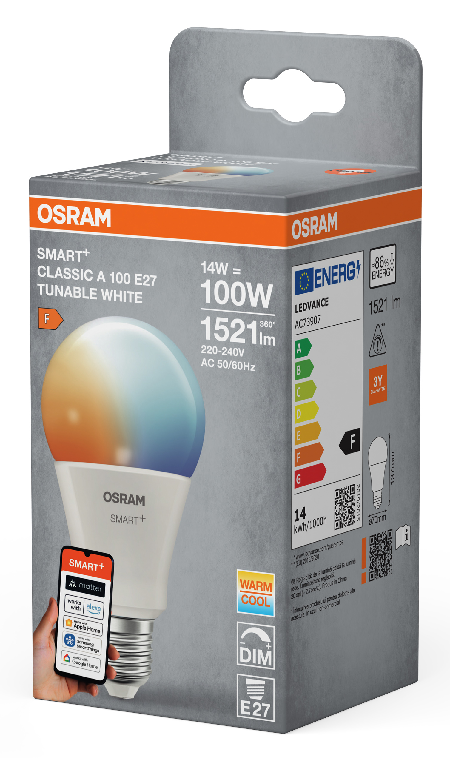 Osram Smart+ LED izzó, állítható fehér, F energiaosztály.