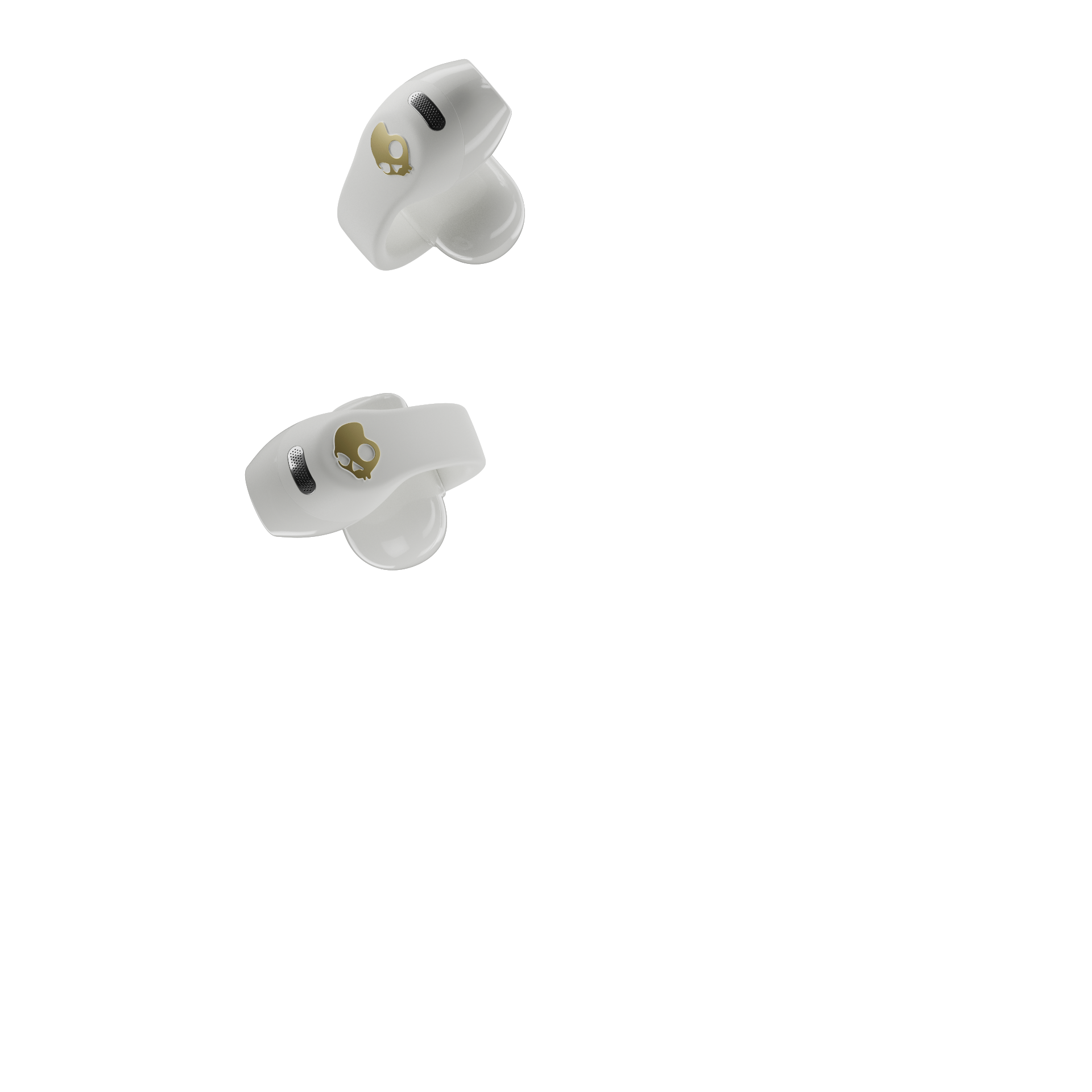 Zwei weiße Ohrhörer mit goldenem Totenkopf-Logo auf schwarzem Hintergrund.