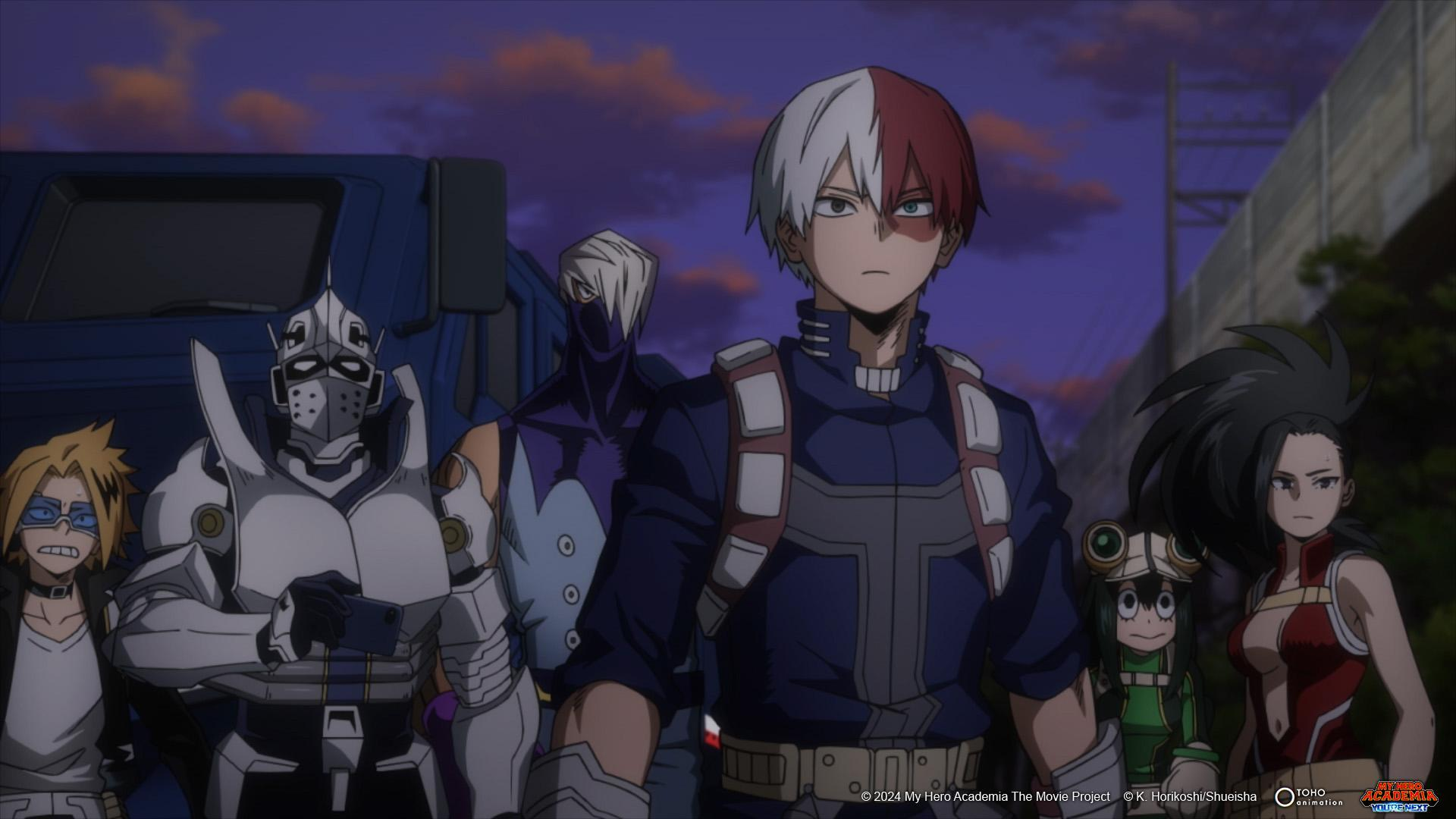 Charaktere aus My Hero Academia stehen in der Dämmerung zusammen. Todoroki ist vorne.