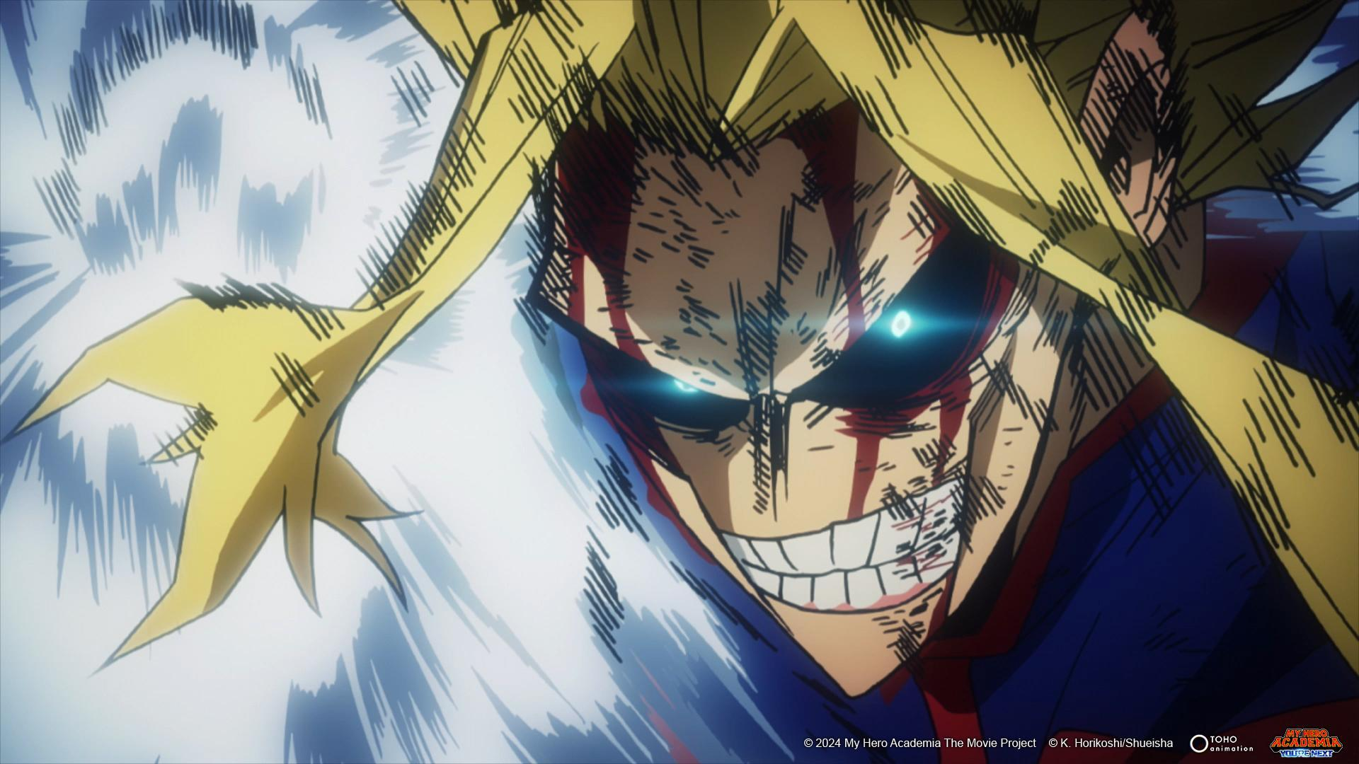 All Might mit blauen Augen und blutigen Wunden, sein Mund grinsend geöffnet.