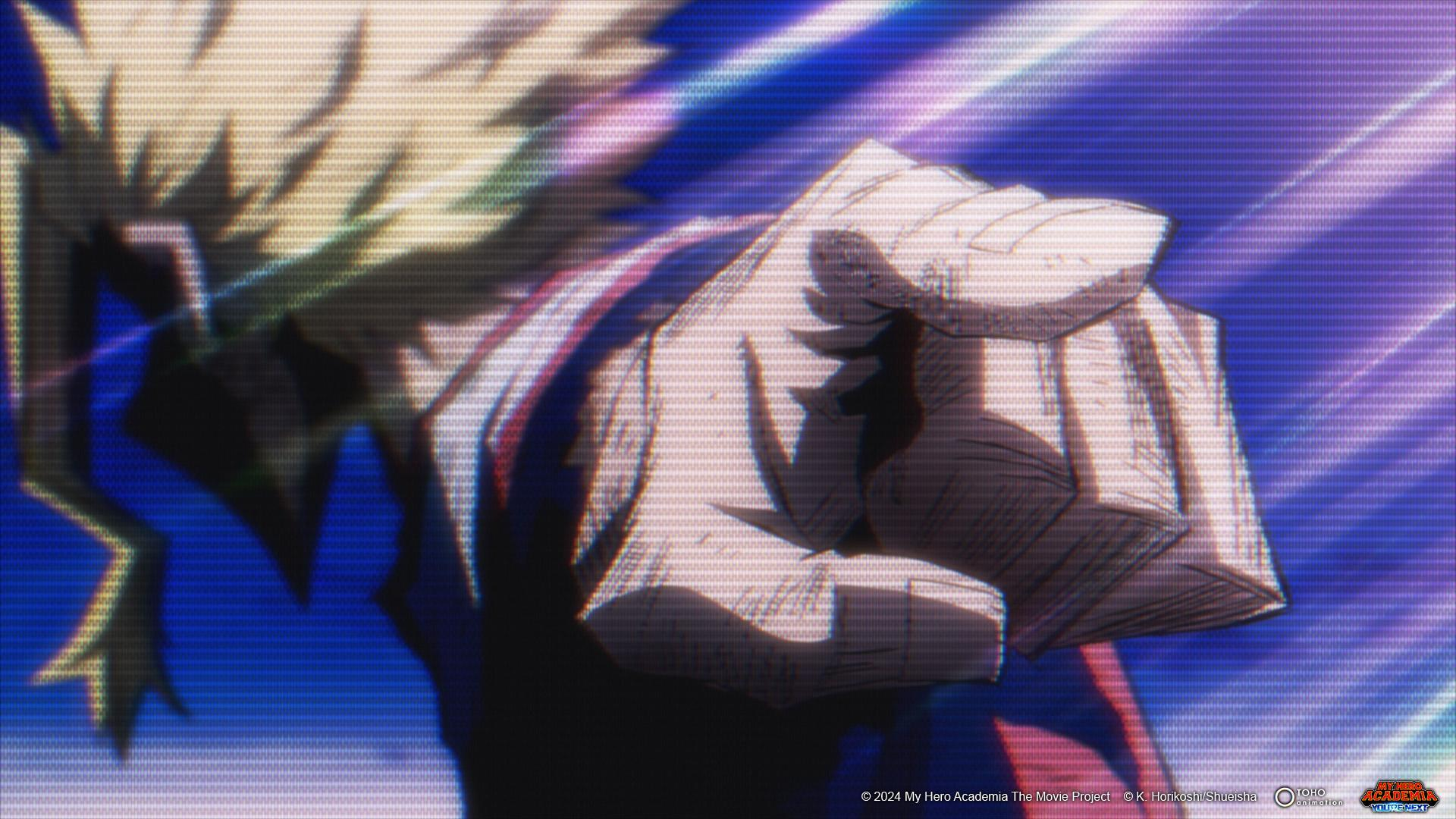 Anime-Charakter mit blonden Haaren wirft einen Schlag, mit blauen und violetten Streifen im Hintergrund.