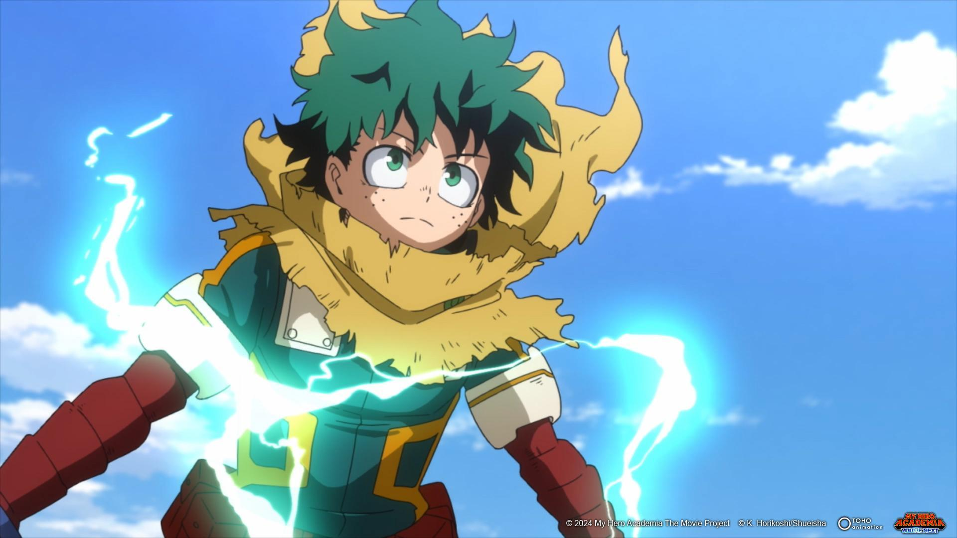 Anime-Figur mit grünen Haaren, gelbem Schal und blauer Kleidung, umgeben von blauen Blitzen.