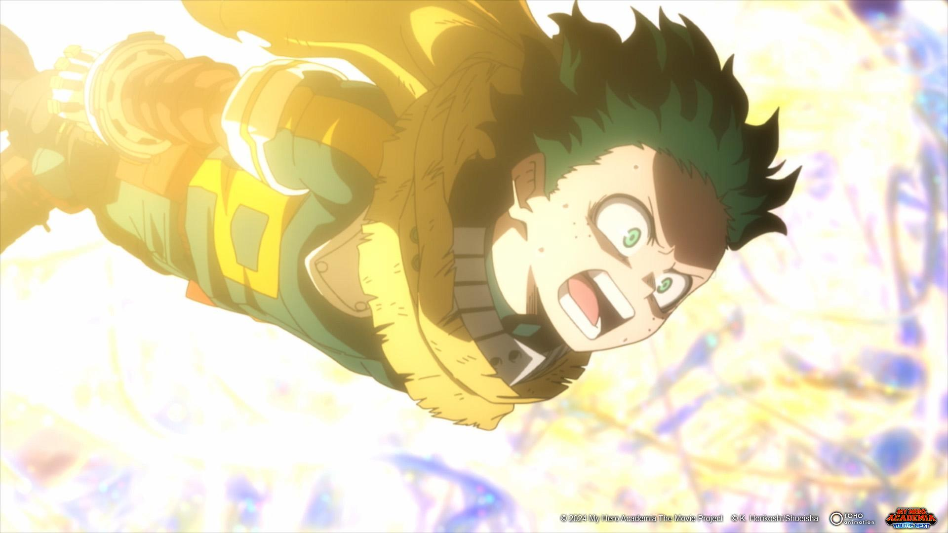 Anime-Charakter mit grünen Haaren und großen Augen, trägt einen gelb-grünen Anzug in einer hellen, energiegeladenen Szene.