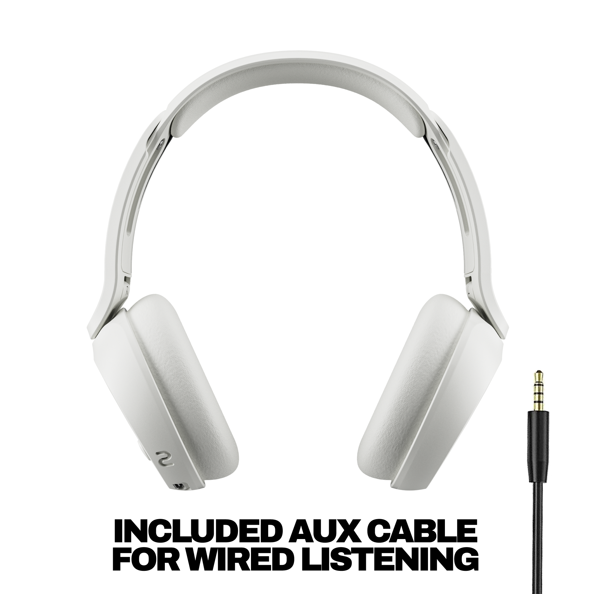 Weiße Over-Ear-Kopfhörer mit schwarzem Audioanschluss. Ein dezentes Logo ist sichtbar.