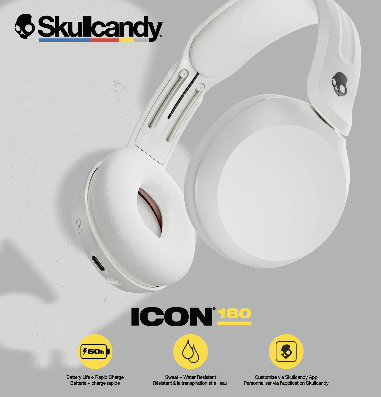 Weiße Skullcandy Icon 180 Kopfhörer mit 50h Akku, schweißresistent, App-anpassbar.