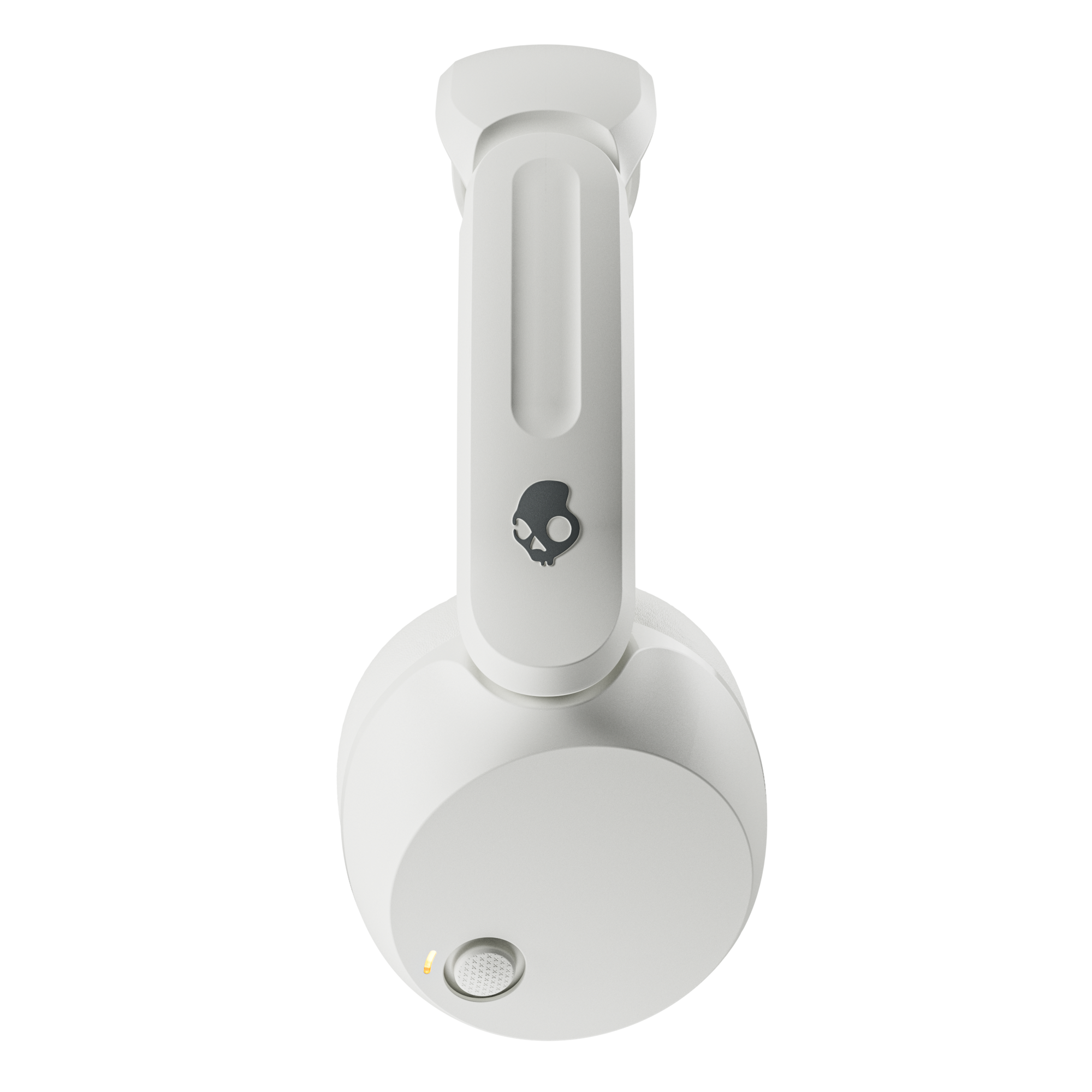 Weiße Skullcandy Kopfhörer mit prominentem Totenkopf-Logo und orangefarbener Kontrollleuchte.