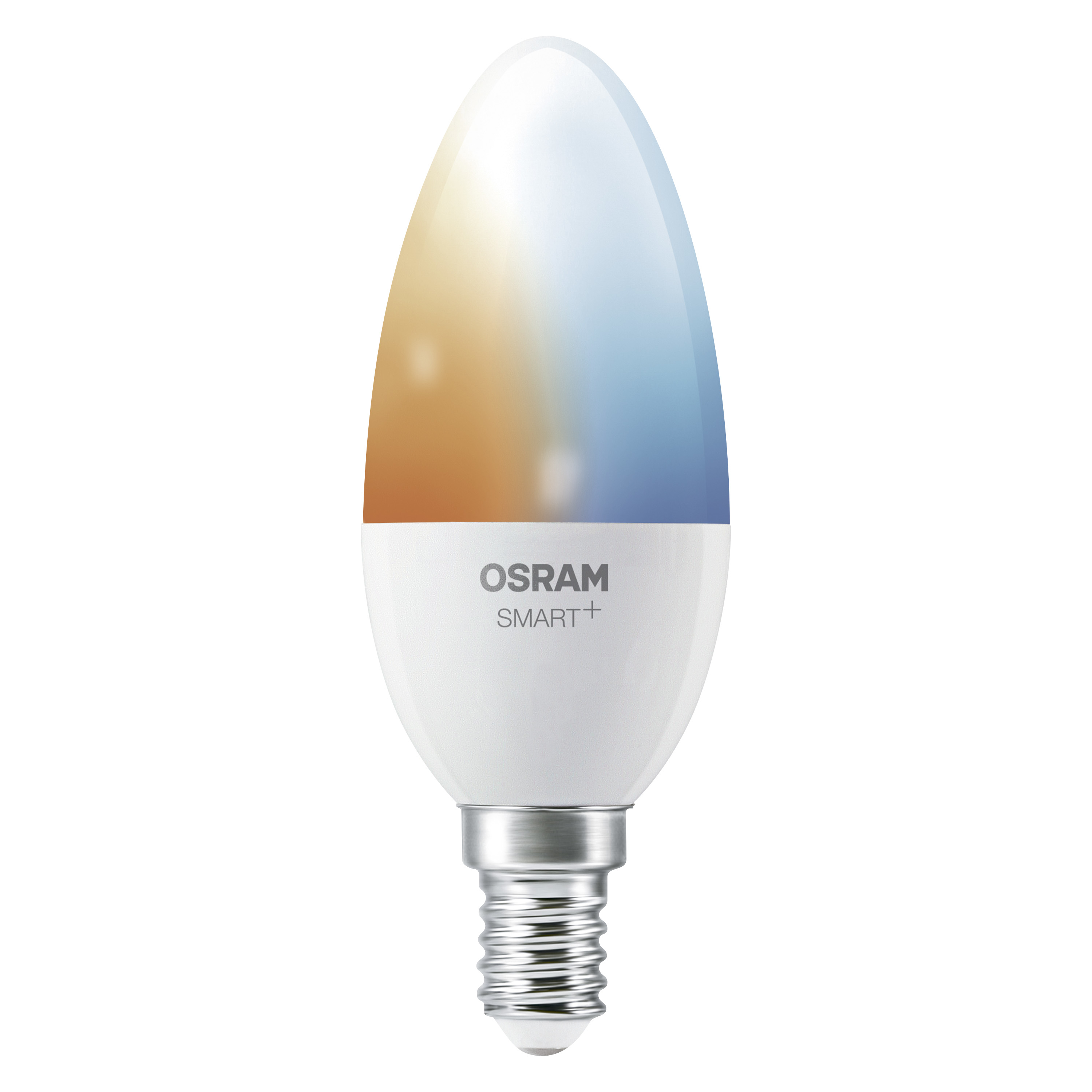 Egy fehér Osram Smart+ LED gyertya izzó ezüst csavaros talppal.