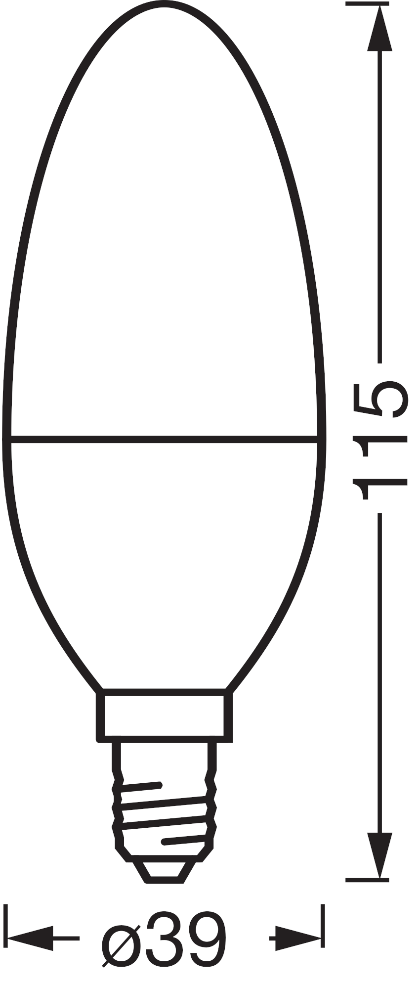 Egy villanykörte vonalas rajza. Méretek: 115mm magasság, 39mm átmérő.