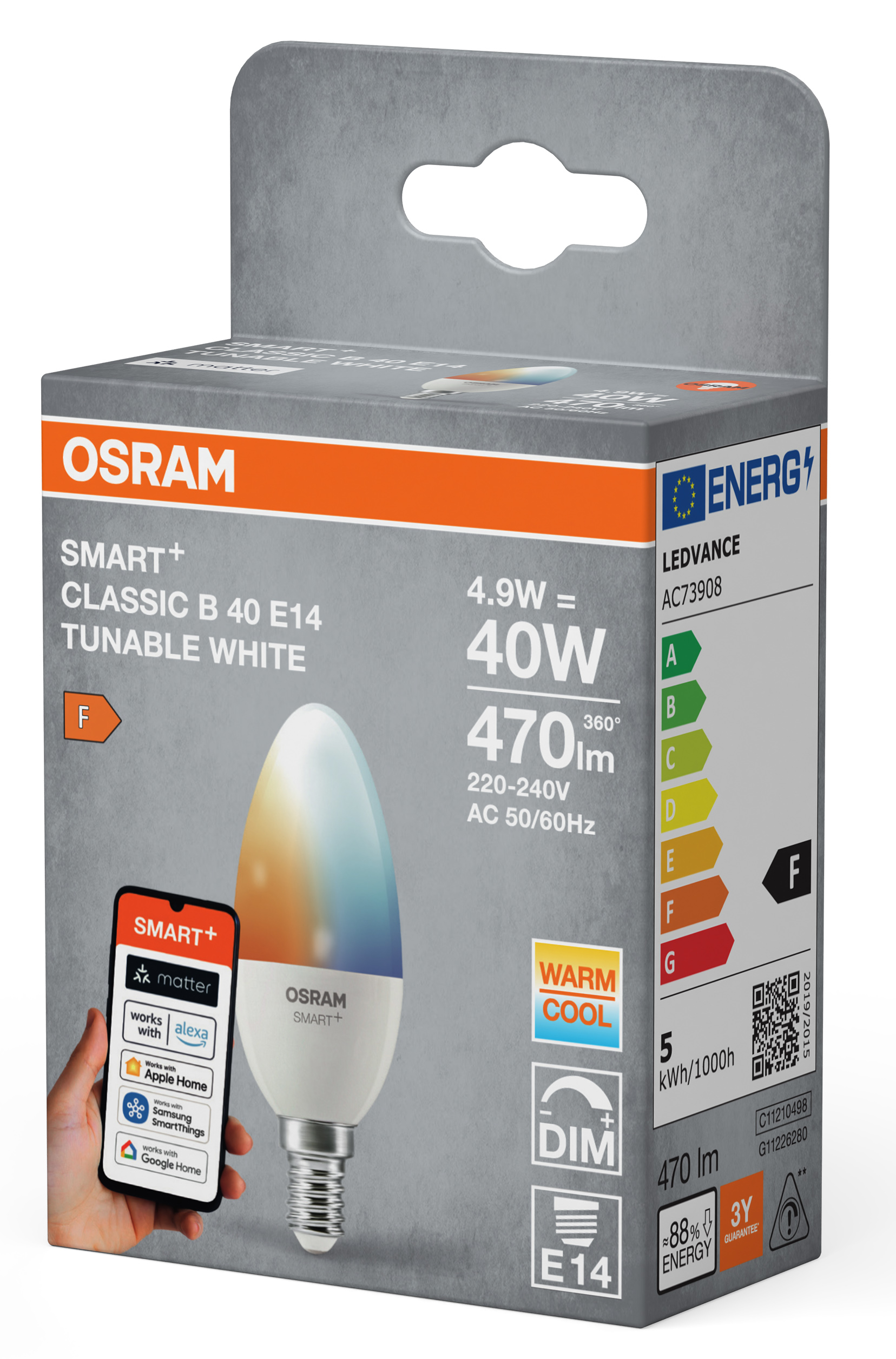OSRAM SMART+ Classic B40 E14 Színhőmérséklet-szabályozható fehér villanykörte csomagolása, F energiaosztály.