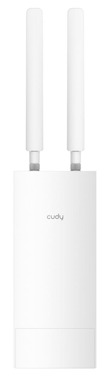 Biały router Cudy z dwiema wysokimi białymi antenami widoczny na czarnym tle.