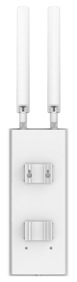 Białe urządzenie z dwiema antenami i wspornikami montażowymi z tyłu.