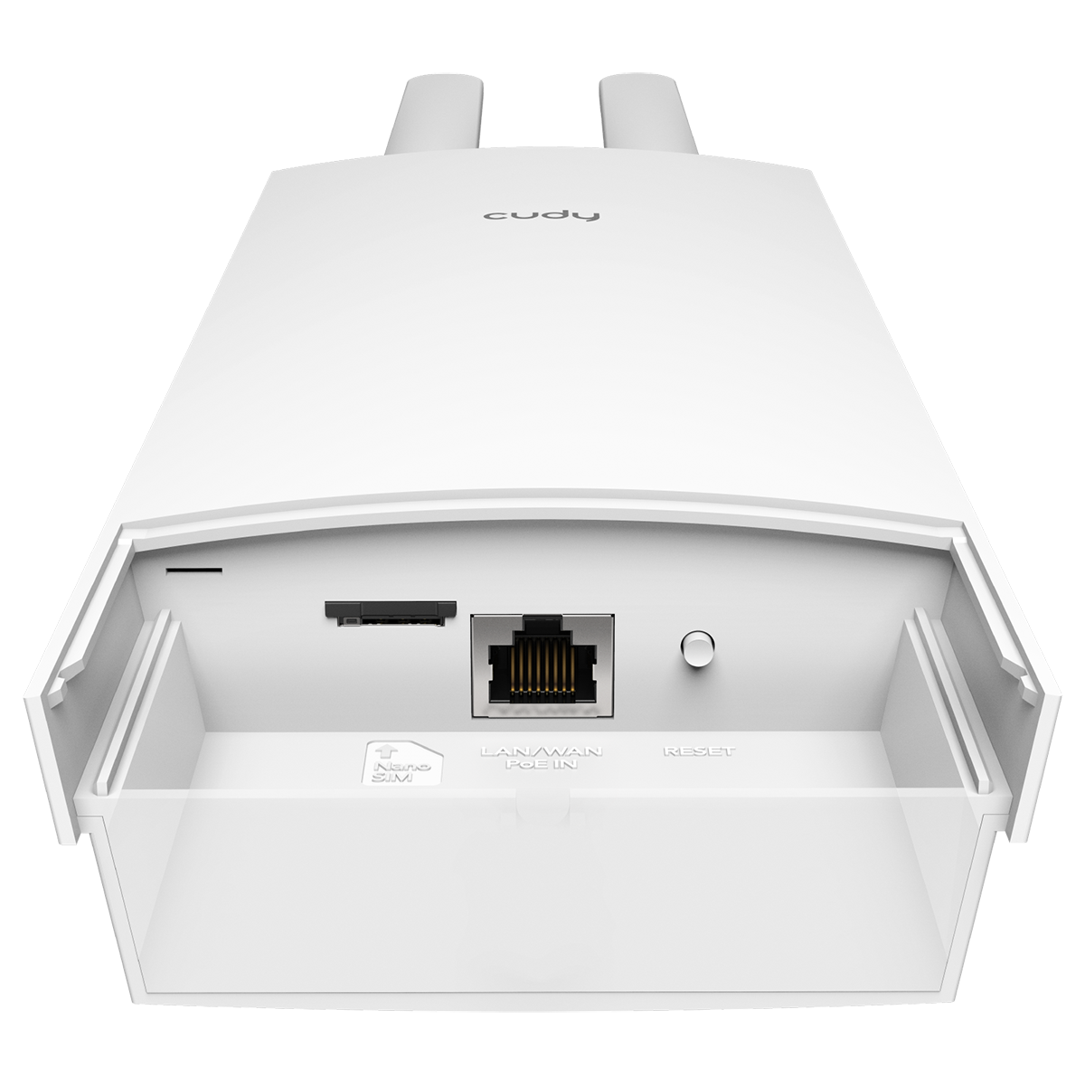 Biały router Cudy z portami: Nano SIM, LAN/WAN PoE IN i przyciskiem Reset.