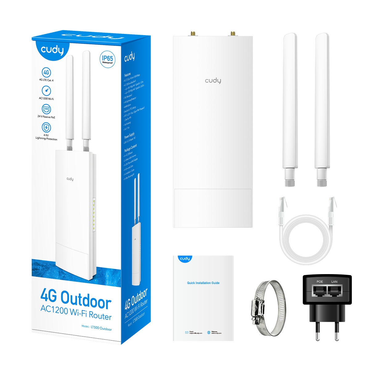 Pudełko routera Cudy 4G Outdoor AC1200 Wi-Fi, router, anteny, kabel, obejma, adapter PoE.