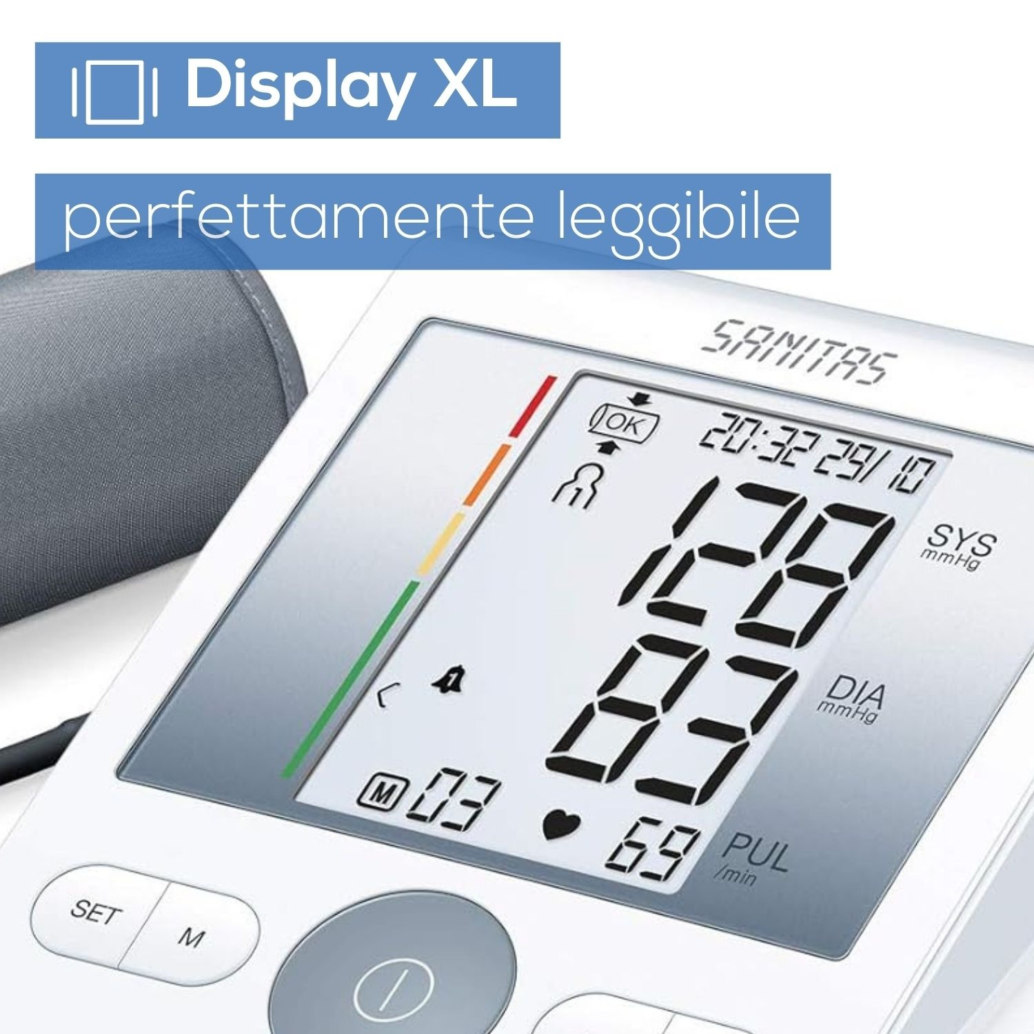 Un misuratore di pressione Sanitas bianco mostra SYS 128, DIA 83 e PUL 69.