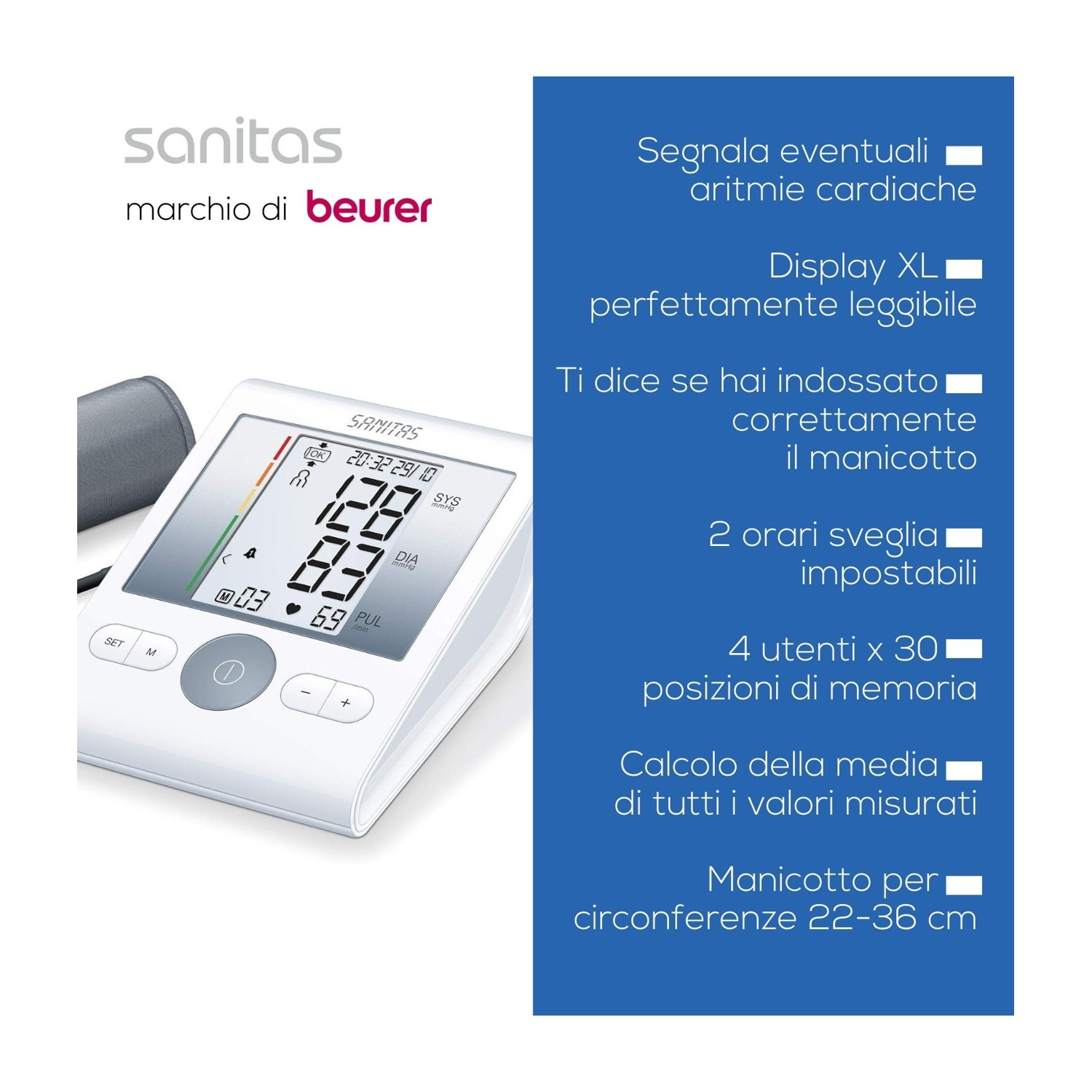 Un misuratore di pressione Sanitas bianco con display digitale e bracciale.